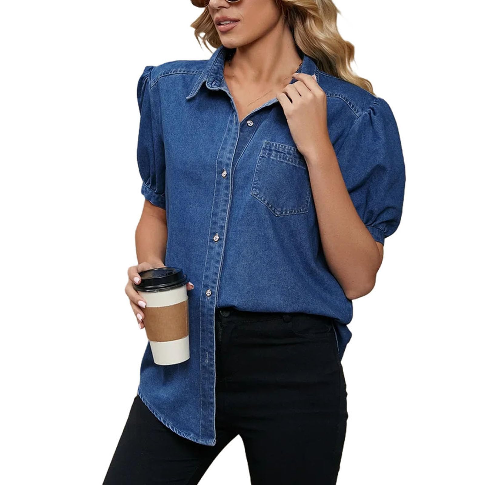 Camicia da donna in denim con maniche da principessa, colletto con risvolto, leggera, casual, versatile, alla moda