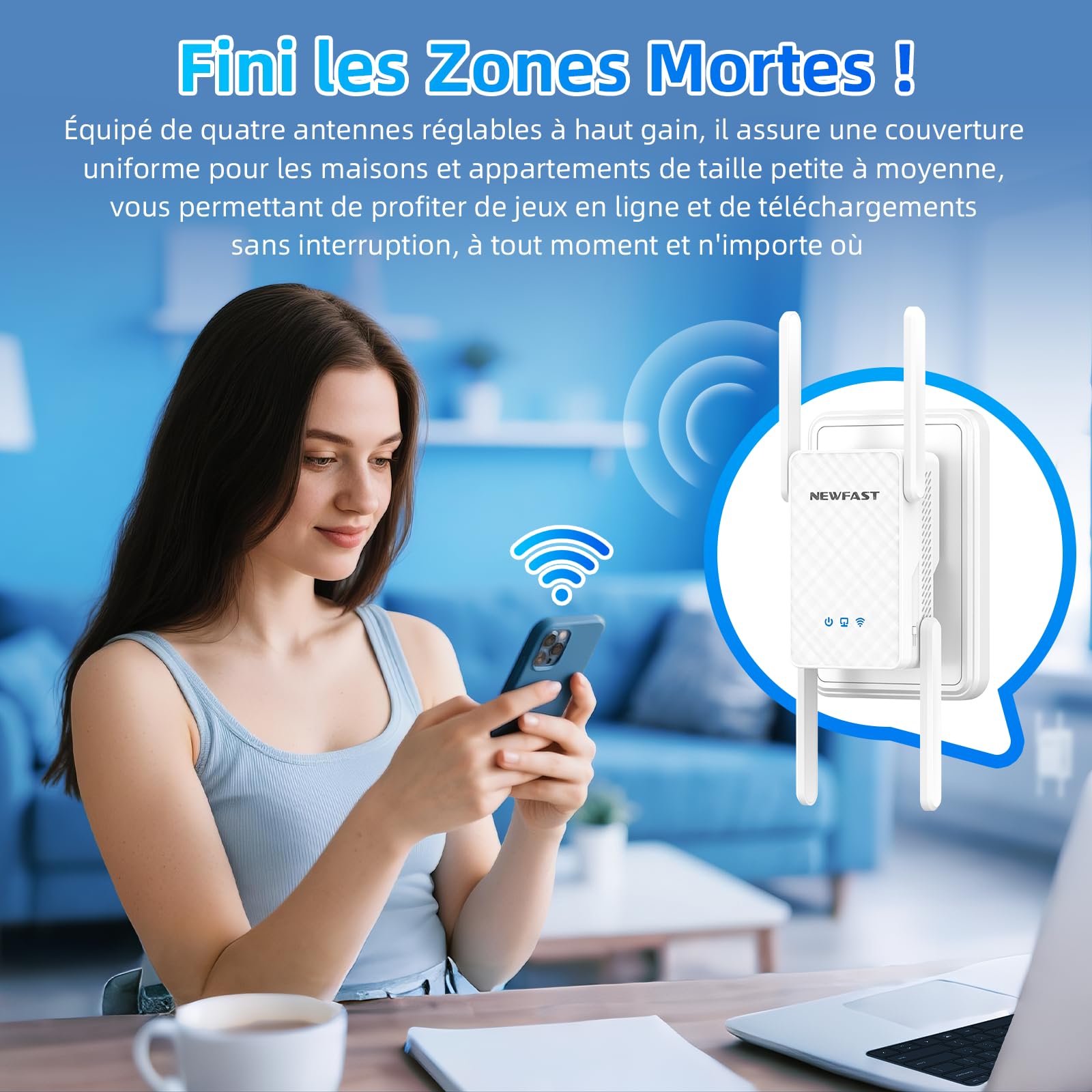NEWFAST - Repetidor WiFi 6 NF-RE556, amplificador WiFi potente AX3000 Mbps, puerto Ethernet Gigabit, 2402 Mbps 5 GHz y 574 Mbps 2,4 GHz Repetidor WIFI compatible con todas las cajas de Internet, 4