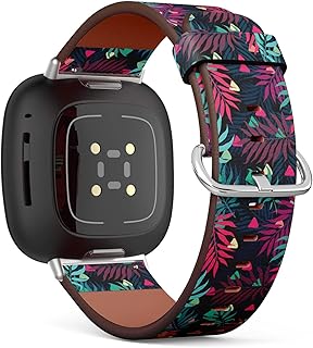 CJBROES Replacement Leather Watch Band, Compatible with Fitbit Versa 3 and Fitbit Sense of Wristband Bracelet Accessory - Decorative Colorful Palm Tree Foliage