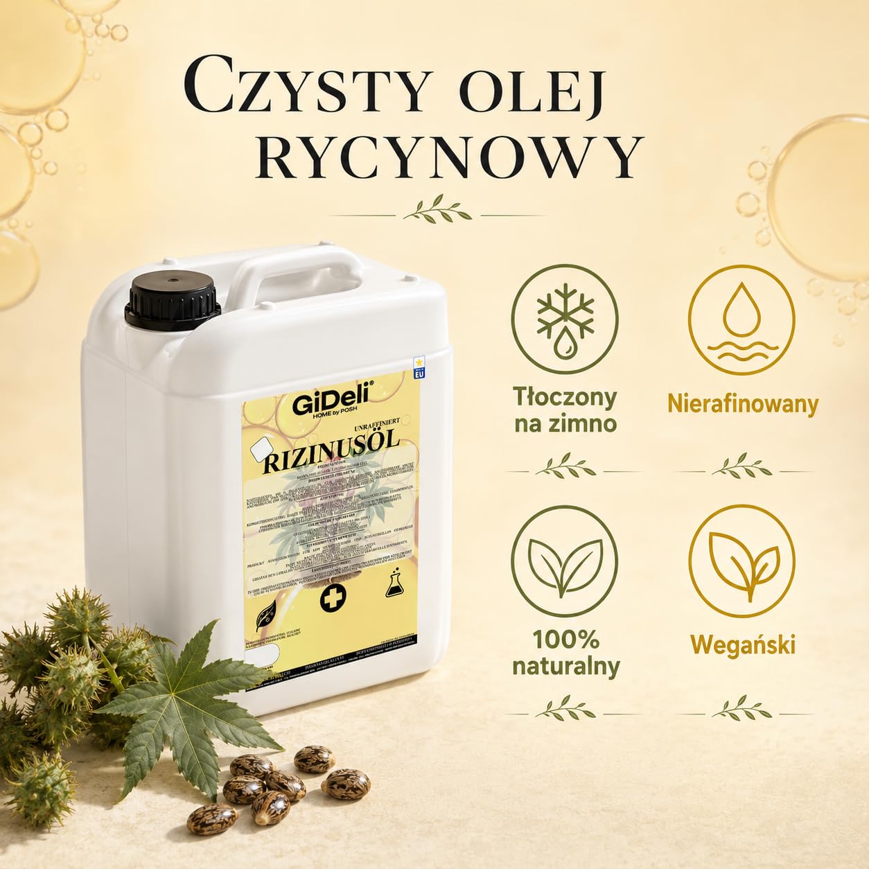 GiDeli Olej rycynowy tłoczony na zimno 10 l – czysty olej rycynowy w Ph. Eur. Jakość do włosów, rzęs i skóry – nierafinowany olejek pielęgnacyjny jako baza do kosmetyków naturalnych DIY – nie zawiera