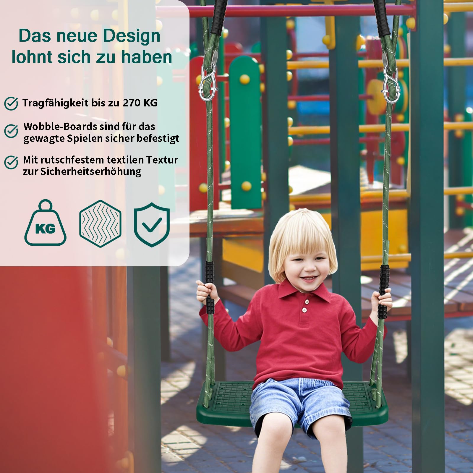 Schaukel Outdoor, Rutschfester Kunststoff Schaukelsitz mit Verstellbarem Seil (1.3m-2m) und 2 Karabinern Outdoor Spielplatzschaukeln Gartenschaukeln für Jugendliche/Erwachsene, Grün/100kg