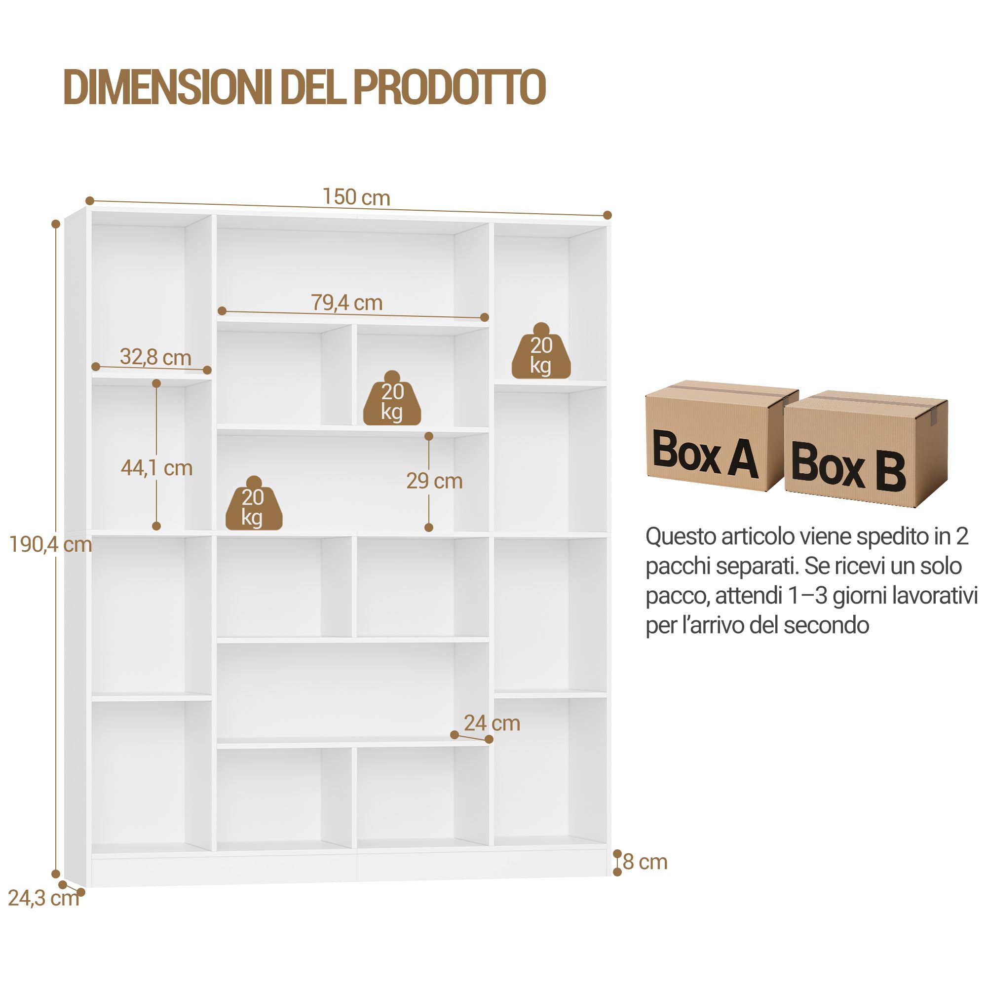 Hzuaneri 190 cm Libreria con 17 ripiani, grande libreria a terra, scaffale aperto, adatto per soggiorno, ufficio, camera da letto, 24 x 150 x 190 cm, Bianco BC46603X