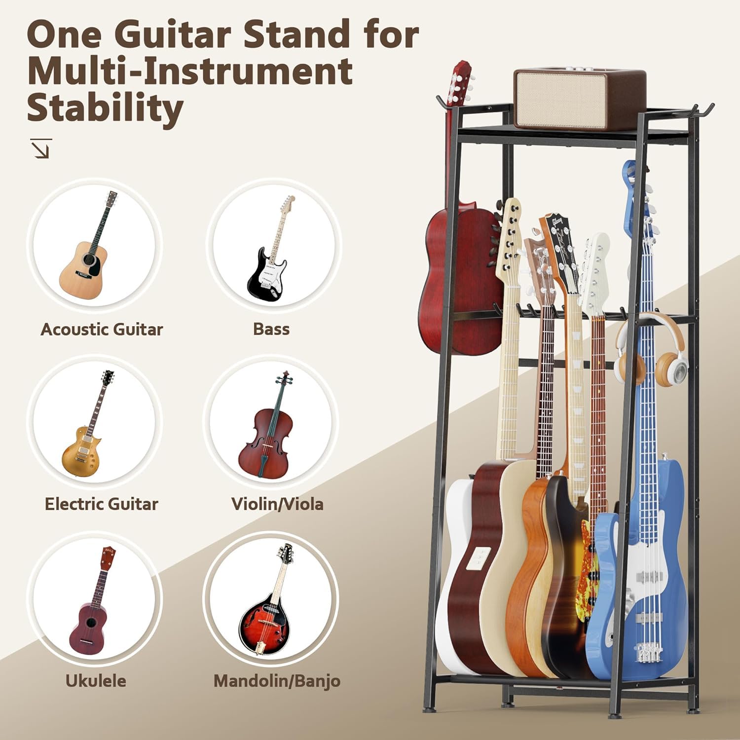 Supporto Chitarra a 2 Livelli per 5 - 7 Strumenti Chitarre Acustica Elettrica Bassi Ukulele Banjo con Ripiano ,multi Rack con imbottitura morbida per più Chitarre e Accessori Musicali