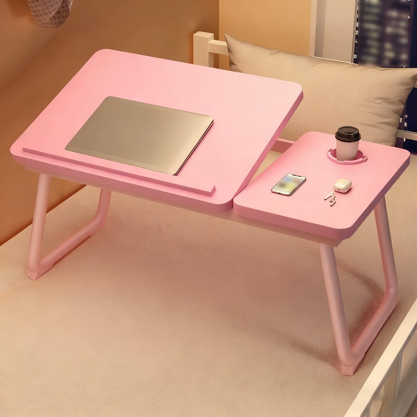 Składane biurko na laptopa do łóżka i sofy, taca śniadaniowa z antypoślizgowymi paskami i uchwytami na kubki, przenośny stolik na kolana do domowego biura i okna wykuszowego