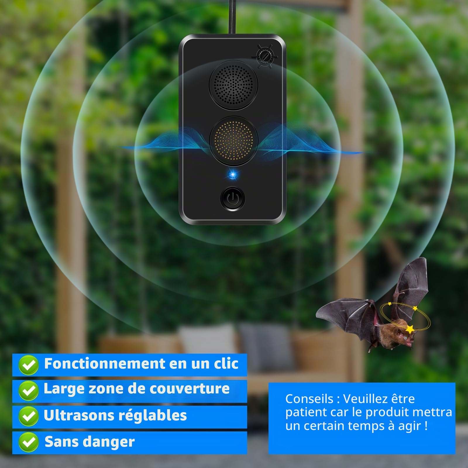 Lot de 2 répulsifs à ultrasons pour grenier, fonctionne avec des piles pour intérieur et extérieur, dispositif dissuasif réglable pour garder les chauves-souris à distance, respectueux des humains et
