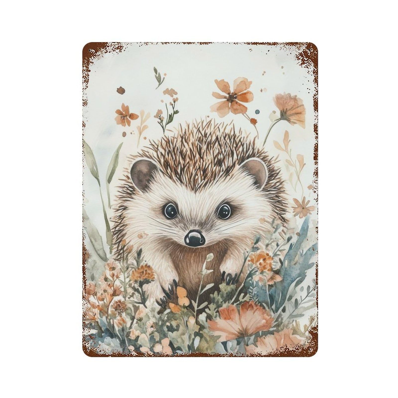Hedgehog in Flowers Rusty Metal Tin Sign 15.7"x11.8", Ideal for Patio, Garden Room And Bar Decor