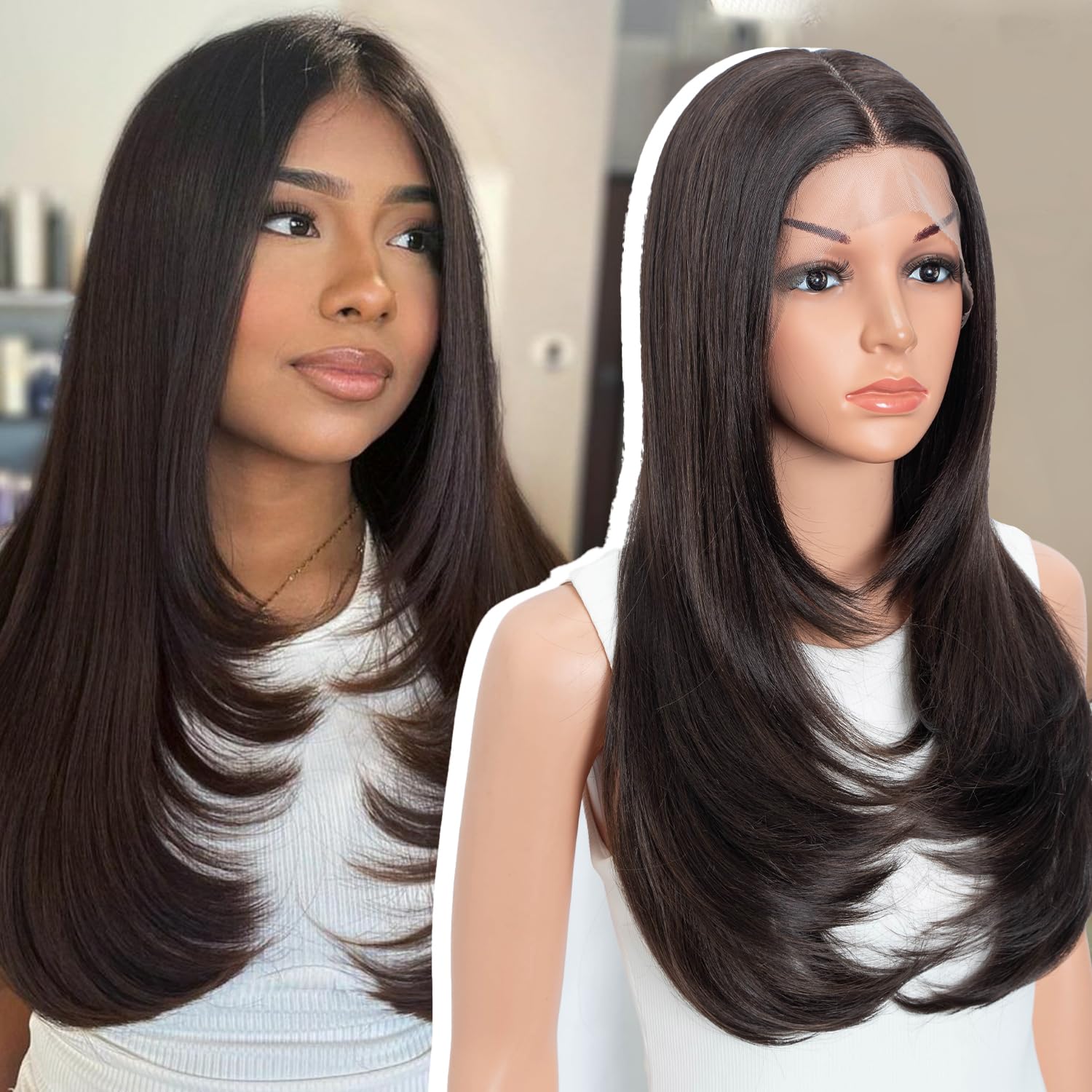 Style Icon Long Layered Wig Straight Synthetic Lace Front Wig 24 inch Middle Part Lace for Women 13x5x1 T Part Heat Resistant Fiber for Daily Party (F5/6A)