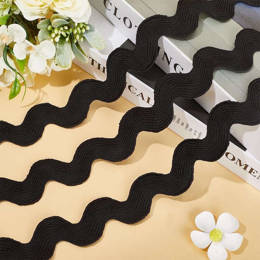 GORGECRAFT 1 Roll 7/8 inch(23mm) RIC Rac Trim Ribbon 5 Yards Black Rick Rack Wave Sewing Bending Fringe Trim Braided Woven Fabric for Sewing Flower Making Wedding Dress Party Lace Ribbon Craft