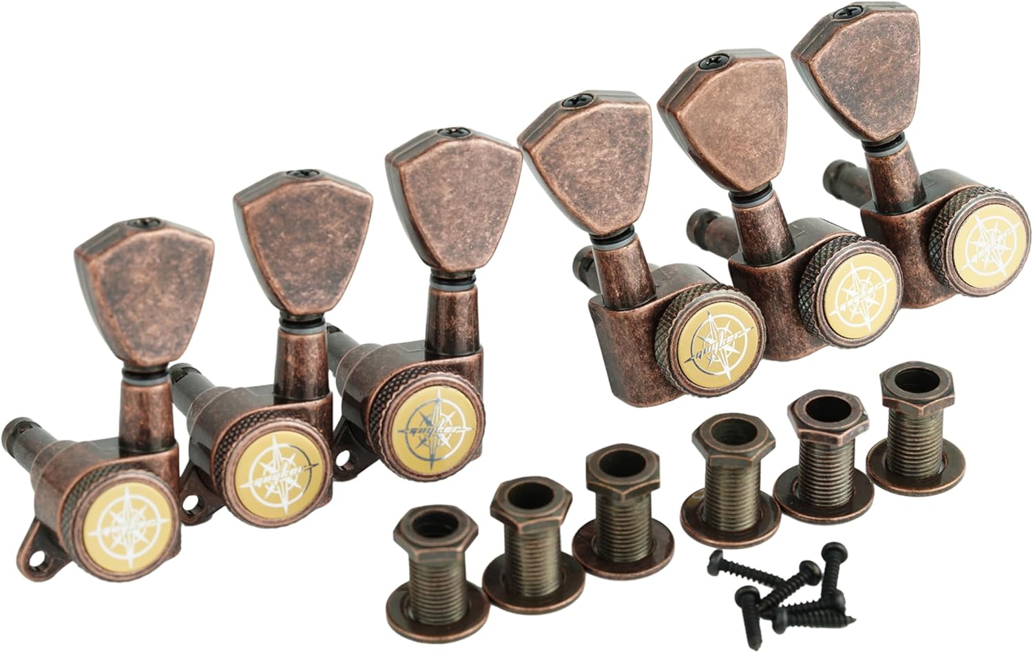 Guyker Guitar Locking Tuners (3L + 3R Handed) - 1:18 Models Rear Lock String Tuning Key Pegs Machine Head with Trapezium Button Antique Bronze, GK04SP