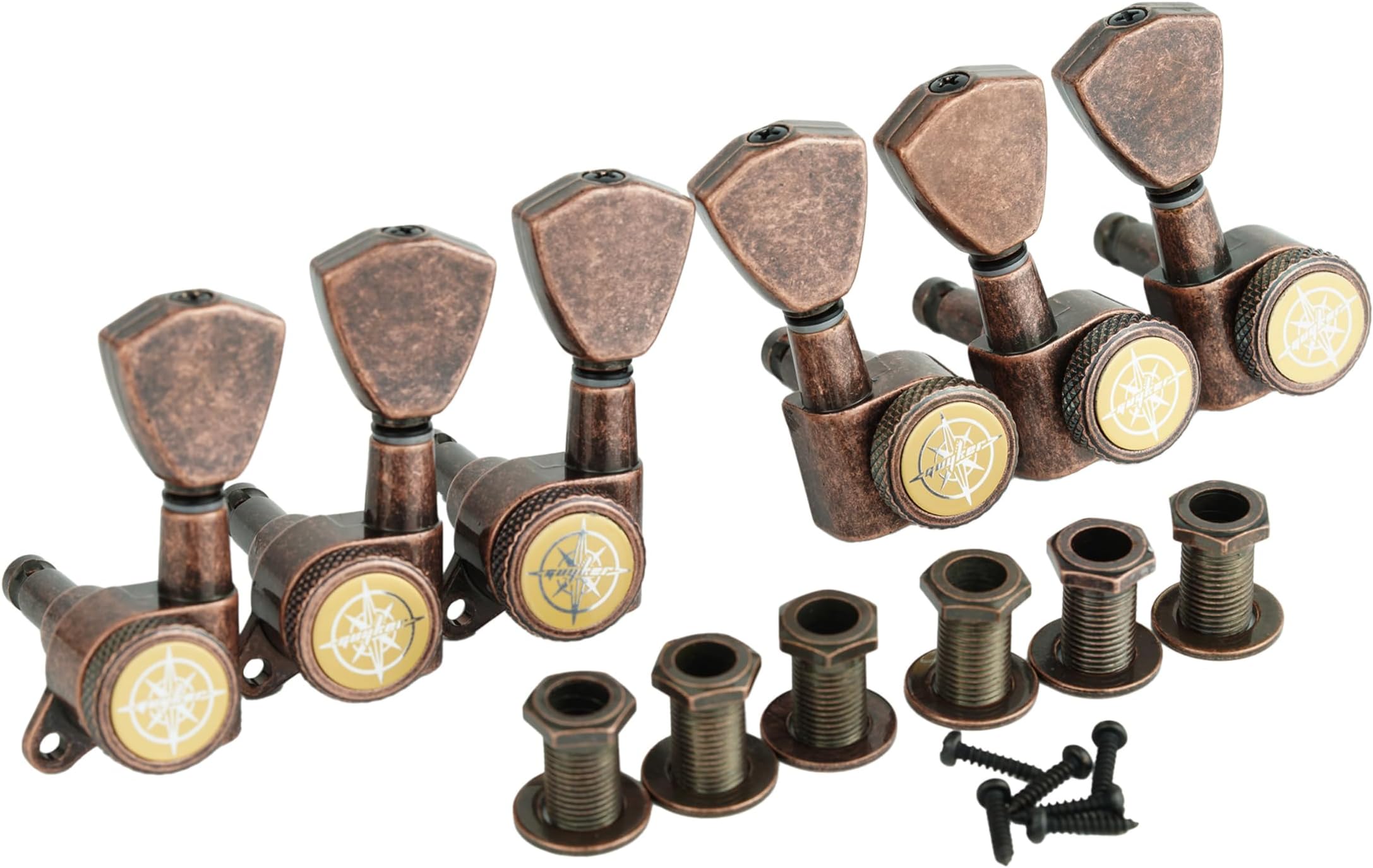 Guitar Locking Tuners (3L + 3R Handed) - 1:18 Models Rear Lock String Tuning Key Pegs Machine Head with Trapezium Button Antique Bronze, GK04SP