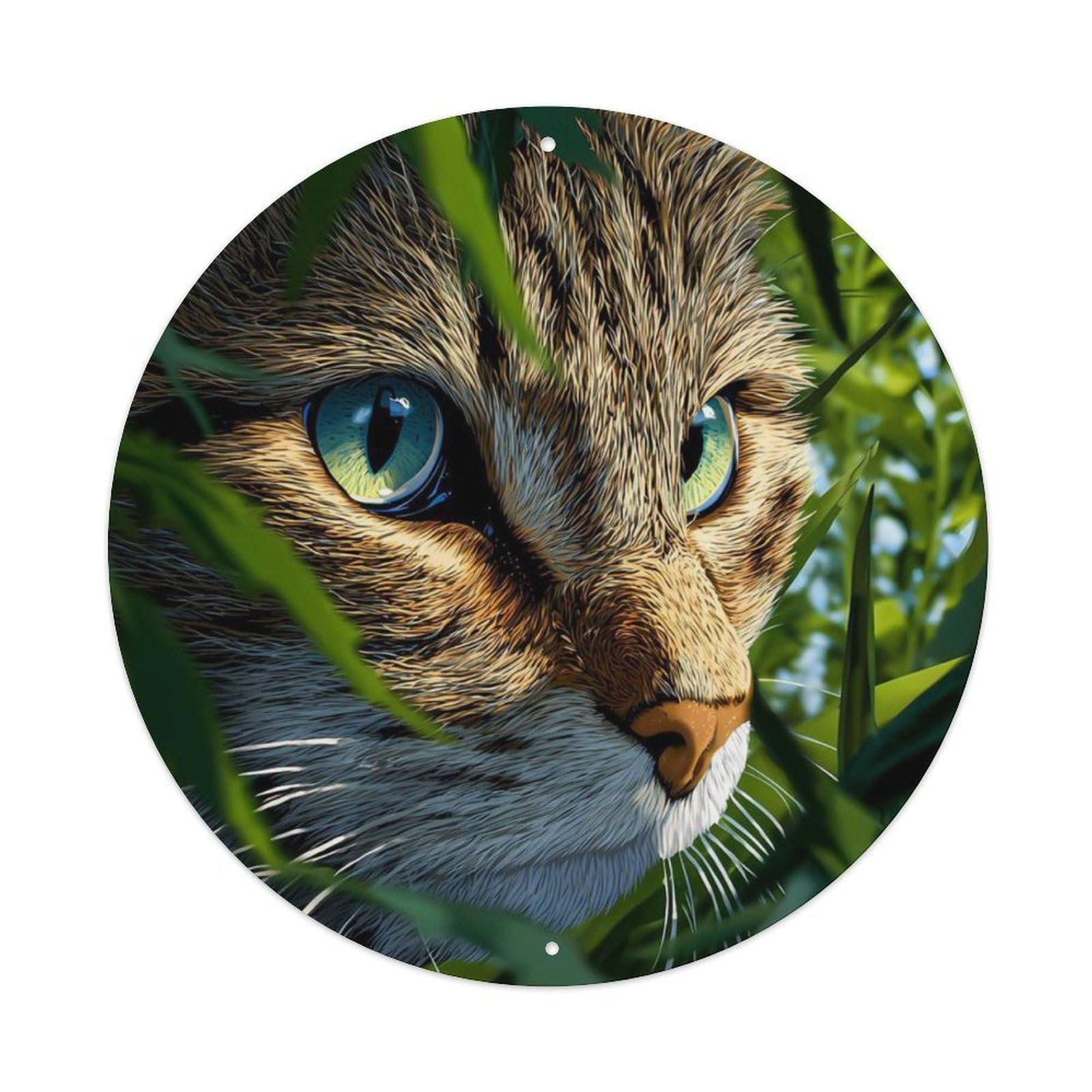Animal Tabby Cat Hiding in Green Foliage Nature Wildlife Vintage Metal Tin Sign Plaque Wall Decor for Cafe, Club Bar, Office, Garden Metal Poster 8x8Inch