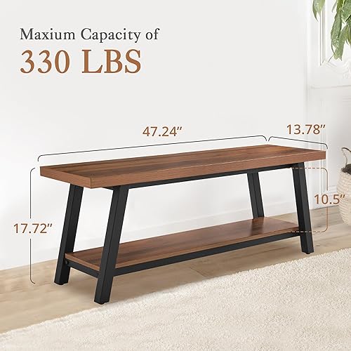 Miniatura 2 de LUE BONA Banco de entrada, banco de madera para dormitorio, entrada, comedor, banco de 47 pulgadas con almacenamiento, estante de zapatos de metal