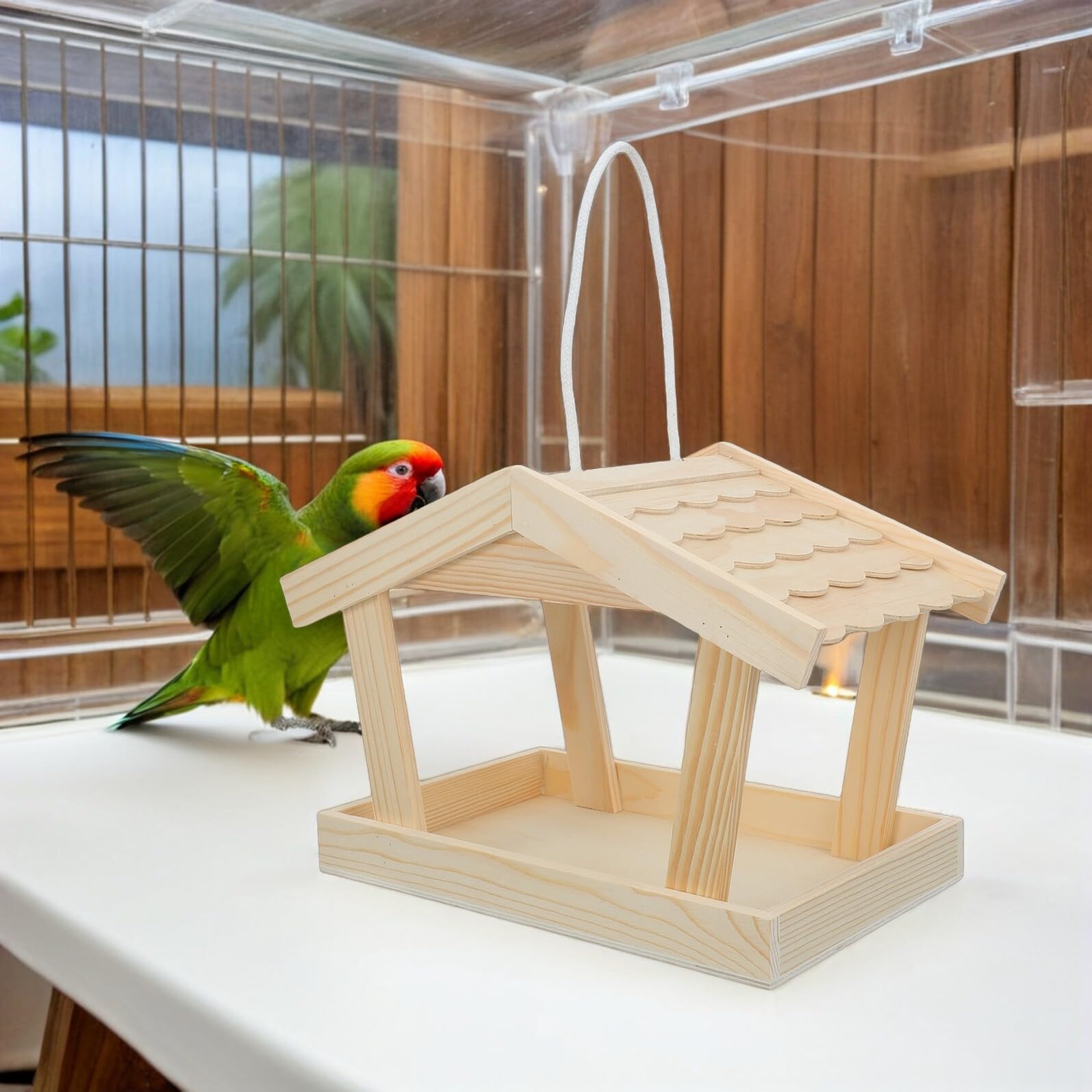YARNOW Mangeoire Suspendue pour Oiseaux Sauvages en Pin Couleur Kaki, Résistante aux Intempéries, Style Maison Rustique pour Jardin et Cour