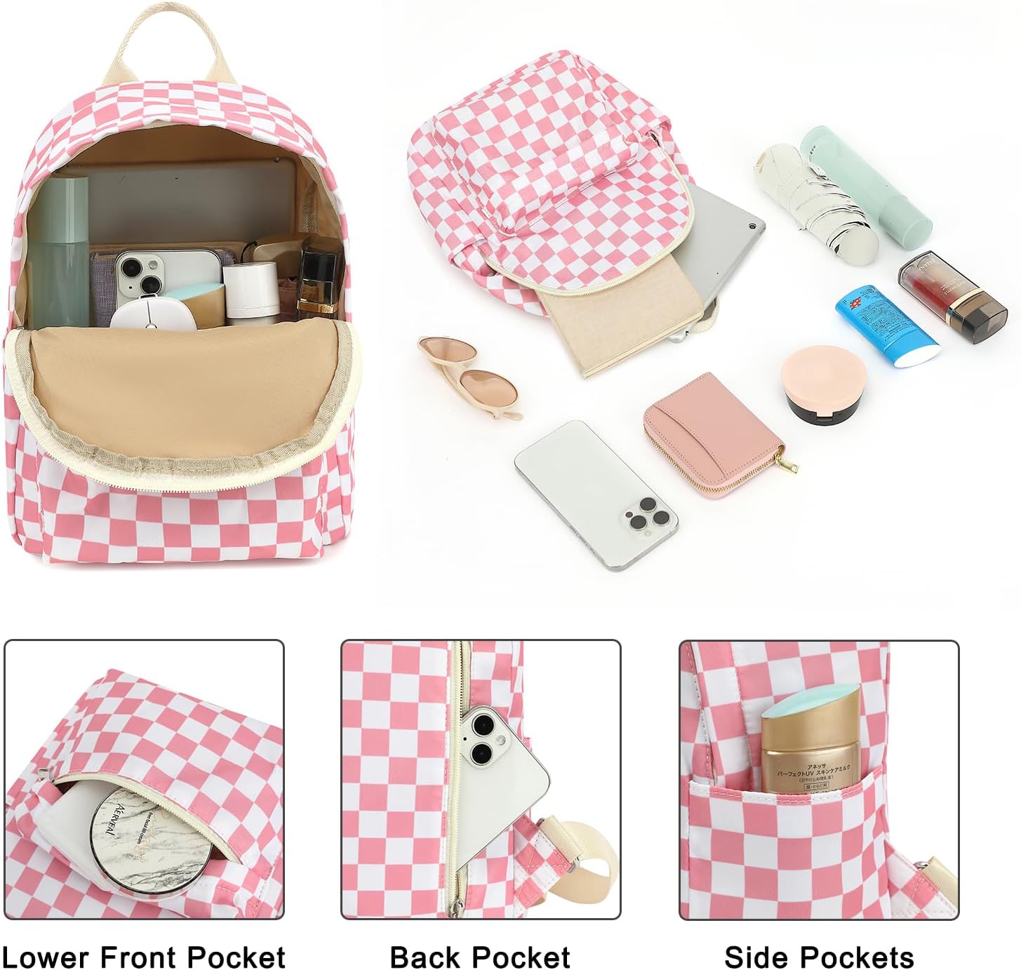 Mini Backpack Purse Fashion Small Backpack Casual Daypack for Women Girls School Travel (Checkered Pink)