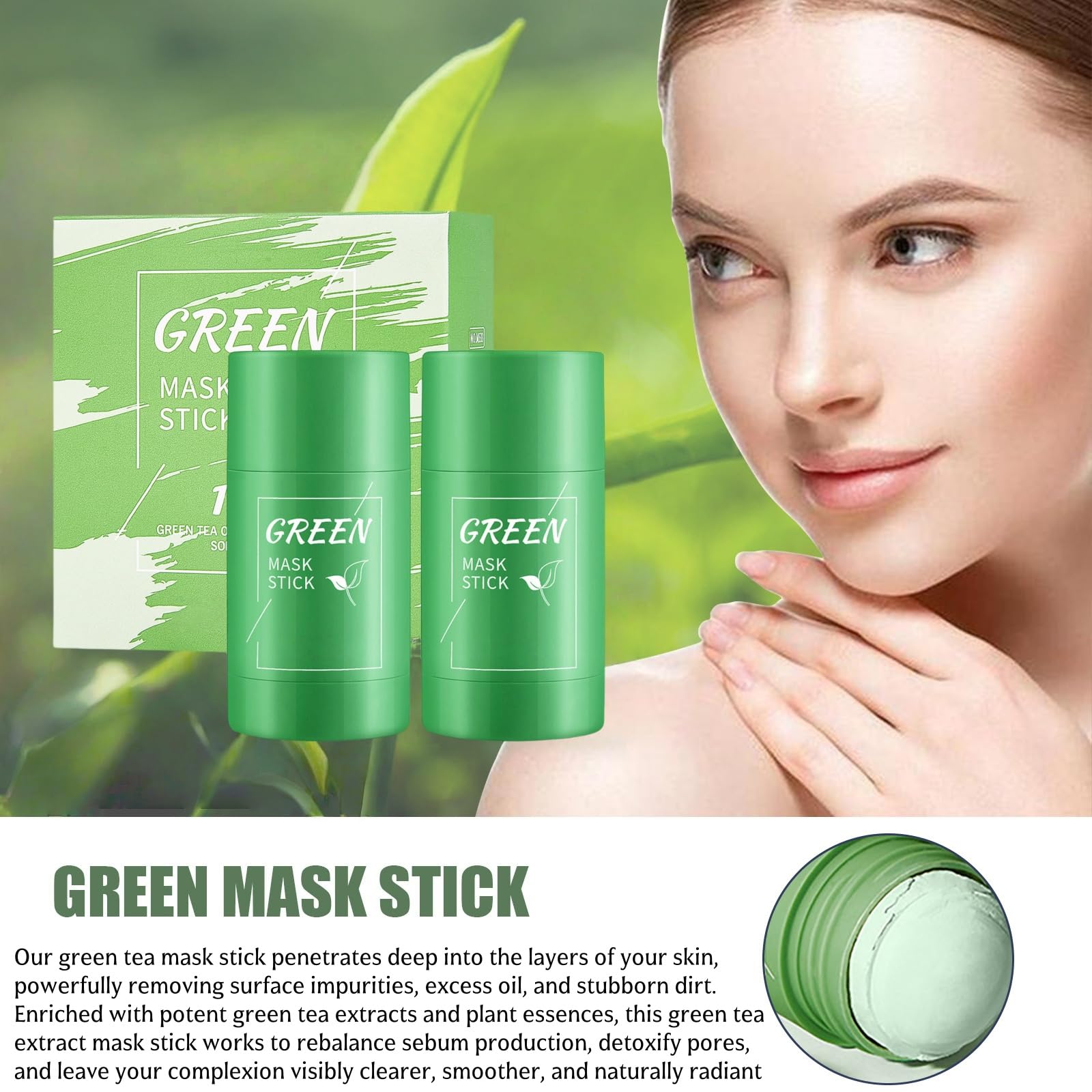 2PCS Green Tea Mask Stick,Green Tea Deep Cleanse Mask Stick,Cleansing Purifying Clay Mask,Moisturizing,Oil Control,Deep Clean Pore,Face Moisturizing,for All Kind Skin Type Women Men,Clay Face Mask - Image 3