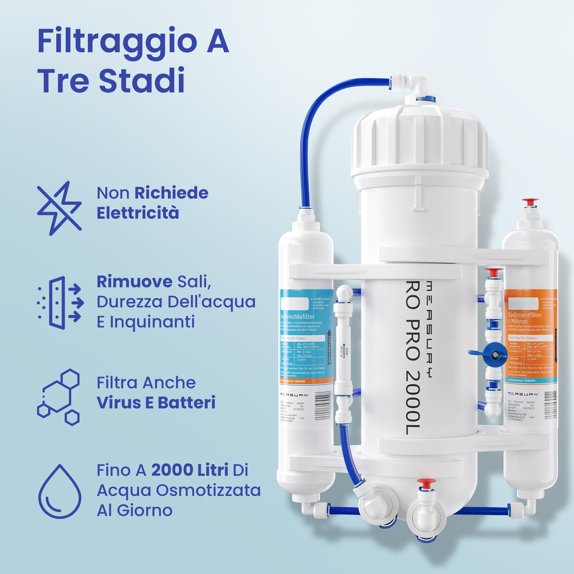 Measury Impianto Osmosi Inversa Acquario 600G 2000L / giorno Acqua Osmotica | per Acquario - Rimuove Sali Metalli Nitrati Fosfati Pesticidi Virus Batteri