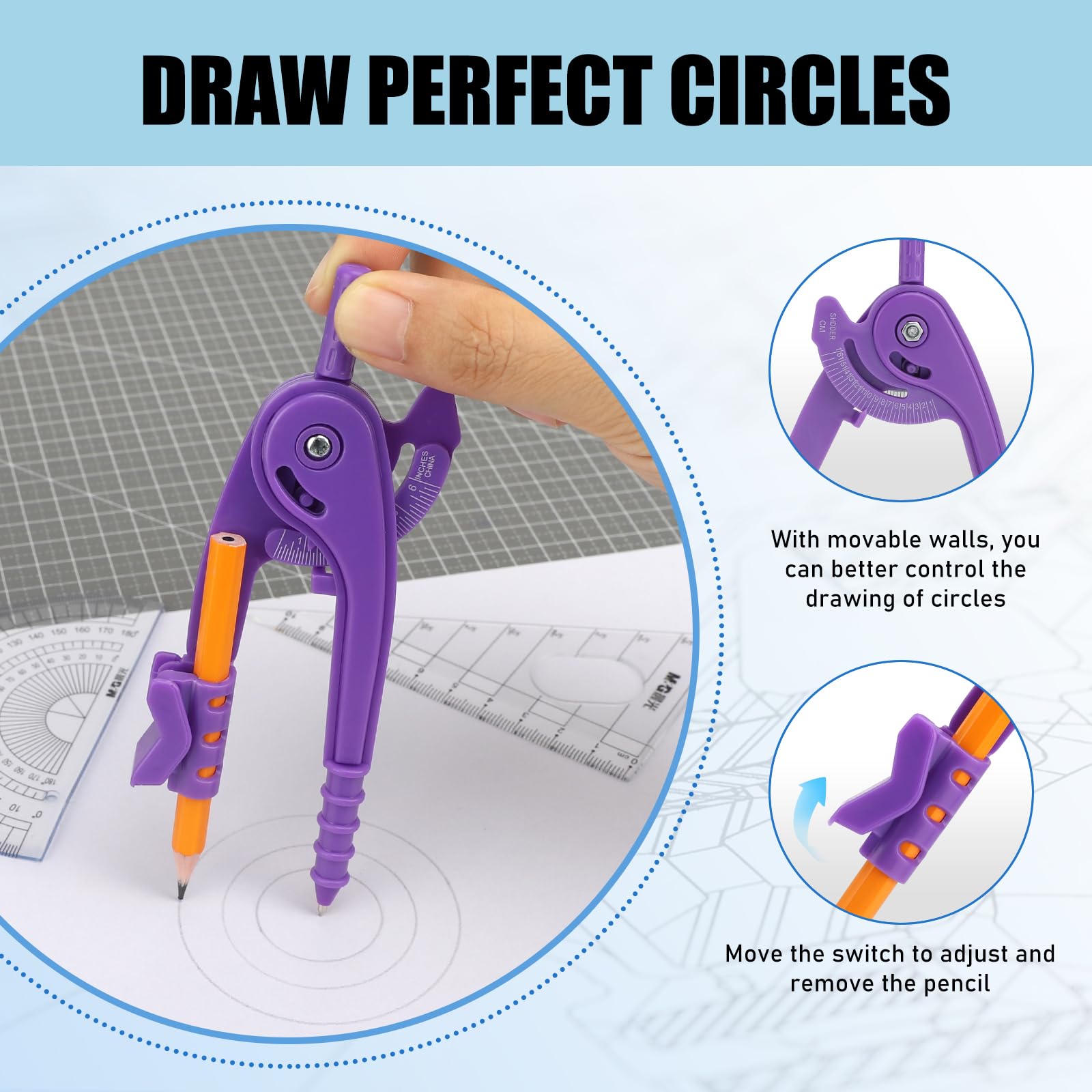 20 brújulas, herramienta geométrica, multicolor, brújula de dibujo para geometría, brújula de geometría de plástico con lápiz para estudiantes, aula, escuela, oficina, dibujo artístico (4 colores, 20