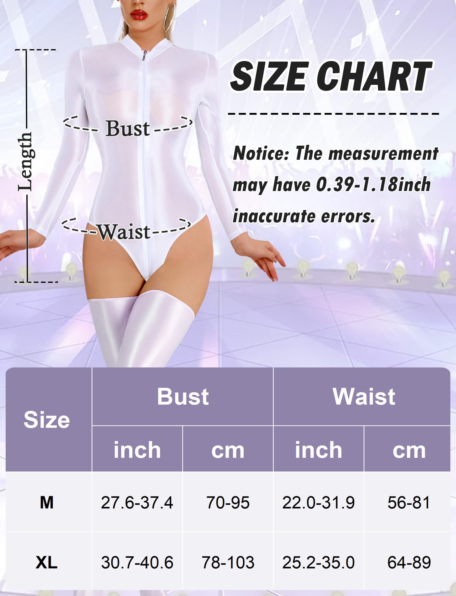 Body sexy da donna, tinta unita, con brillantini, leotard, trasparente, a maniche lunghe, lucido, per clubwear pole dance