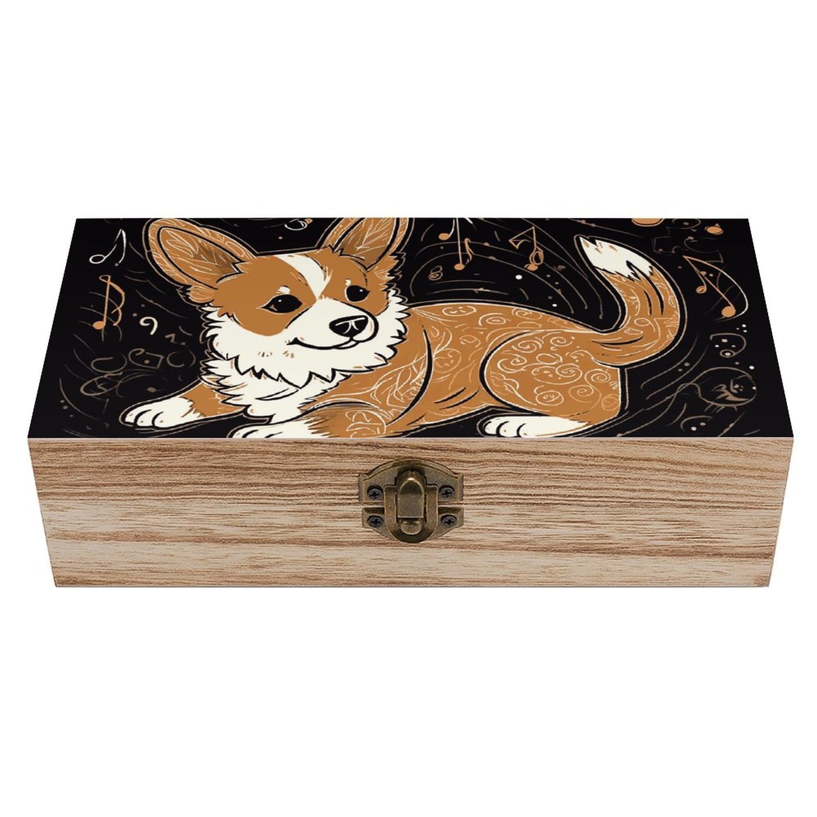 Corgi Who Loves Music Wooden Storage Box Exquisite Durable Wood Gift Case Sturdy Vintage Jewelry Wooden Chest for Art Hobbies Storage Keepsake Gift