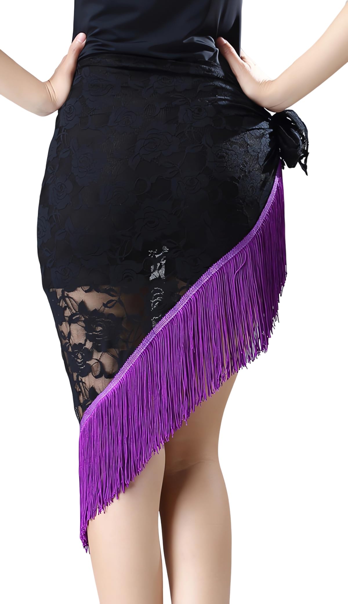 Samheng Women's Purple Fringe Dance Skirts, Tassel Latin Dance Hip Scarf Dress, Lace-Up Tango Dance Skirt Apron For Halloween Rave Party Costume Outfits, Tassel Scarf Wrap Skirt For Tango Chacha Salsa Samba Rumba