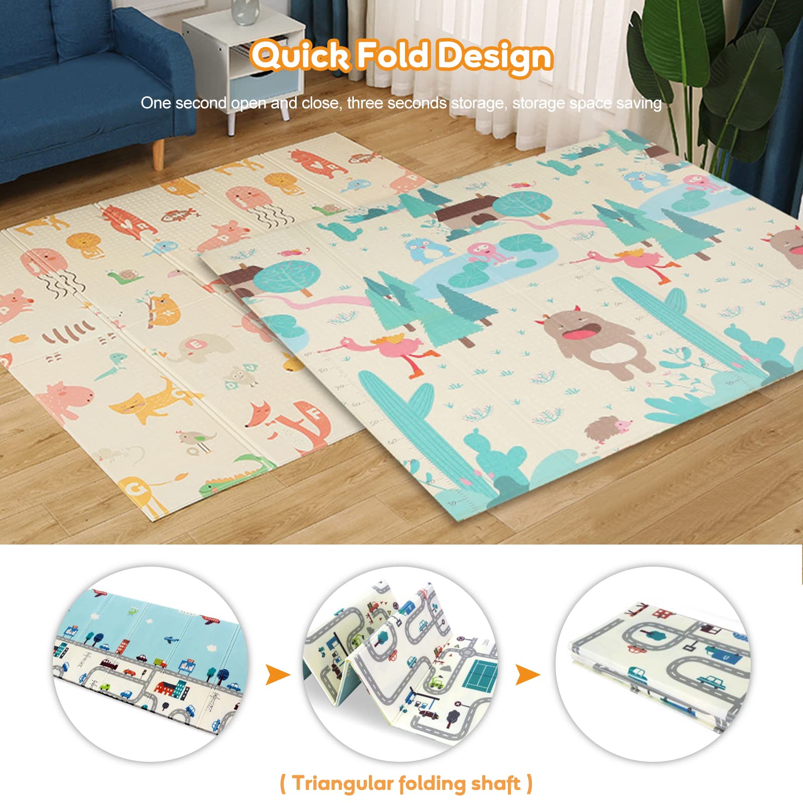 Ergocar Tappeto per Bambini, XPE Tappetino da Gioco Pieghevole, Tappeto Gioco Neonato con Motivo Animale, Impermeabile e Reversibile Tappeto per Camera per Bambini