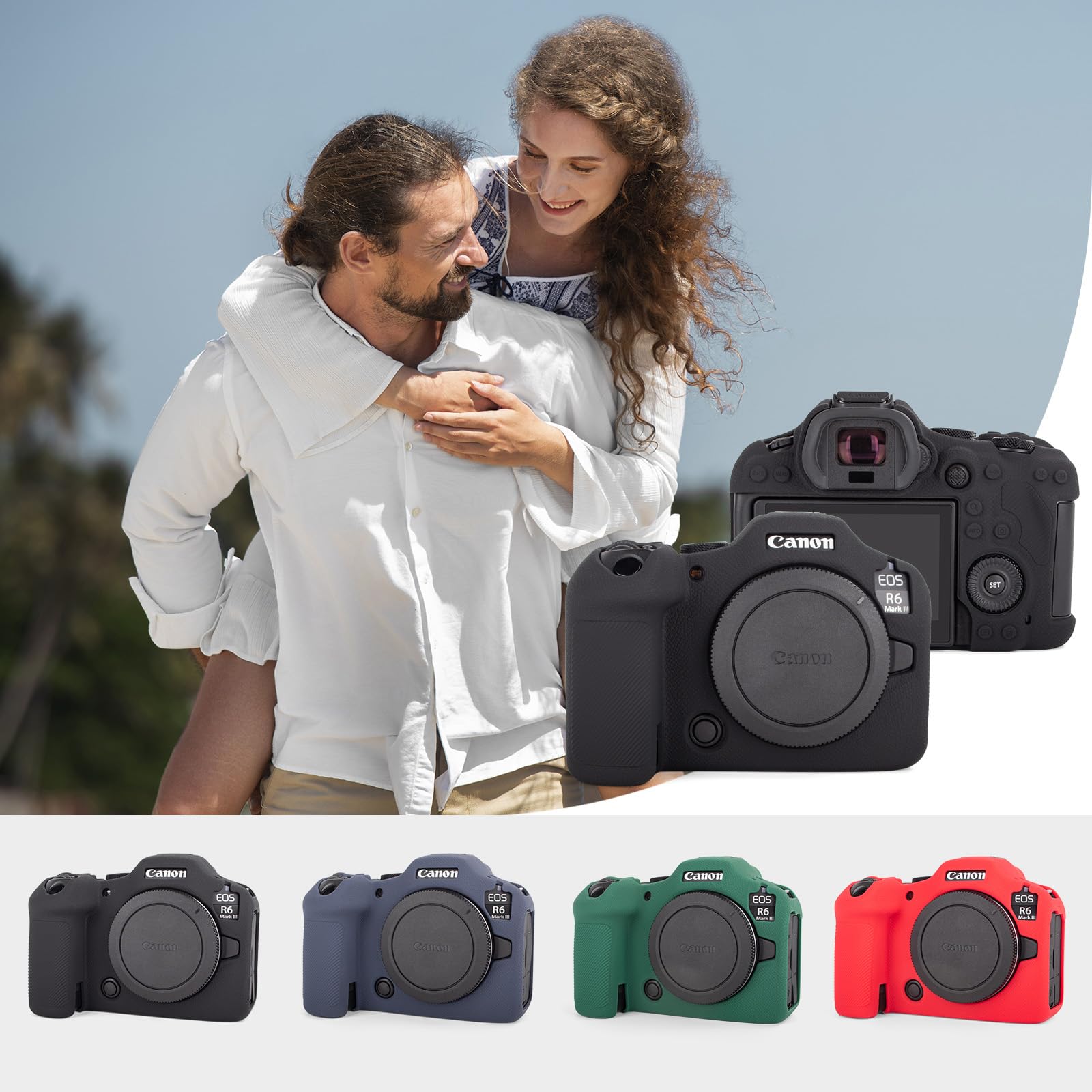 Rieibi Custodia in silicone per fotocamera Canon EOS R6 Mark III, accessori per fotocamera digitale Canon EOS R6 MarkIII con 2 pellicole protettive temperate ultra sottili da 0,25 mm, antiscivolo e