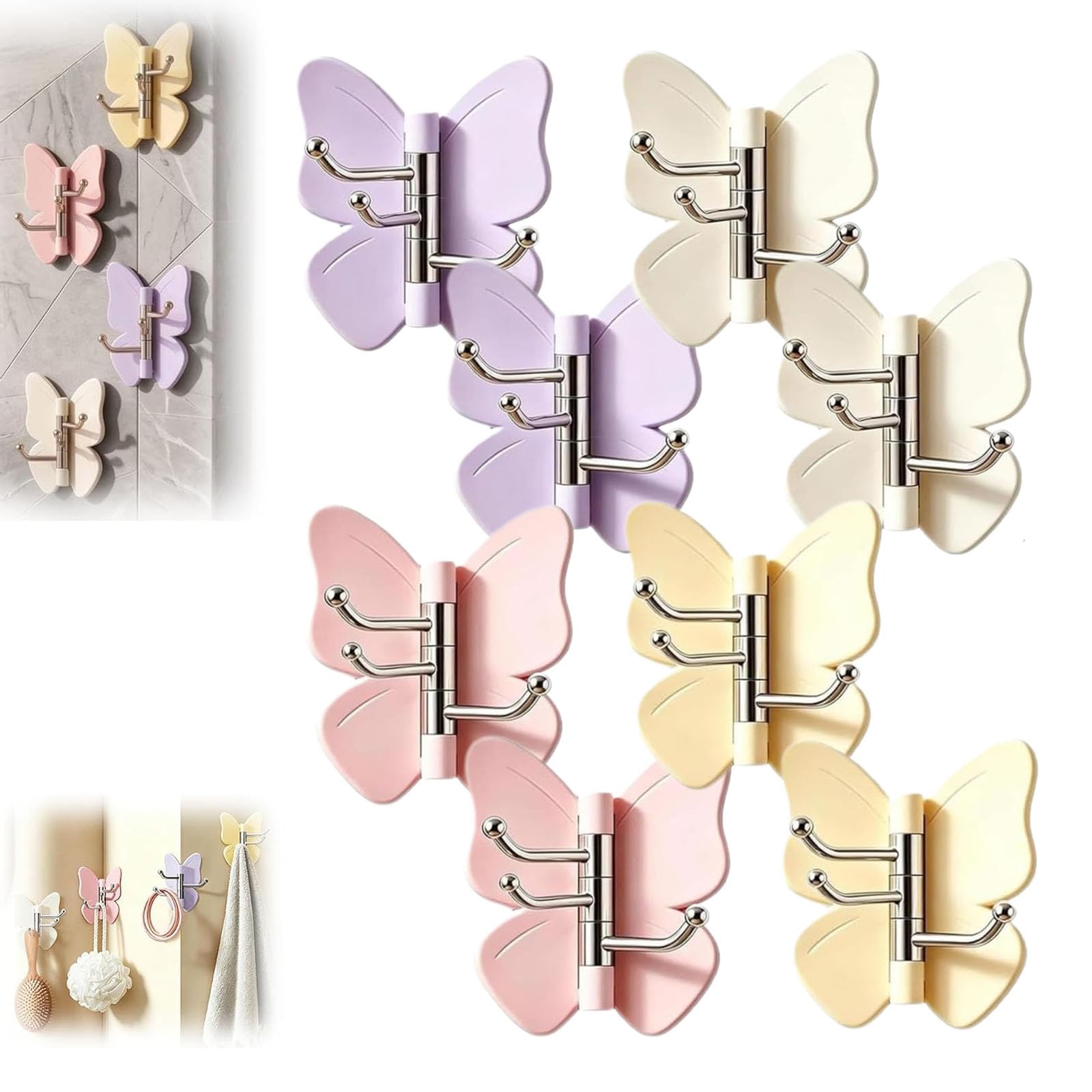 4PCS Rotating Butterfly Adhesive Wall Hooks, No-Drill 270° Swivel 3-Prong Hangers with Adjustable Wings, Cute Corner Storage Hook, Decorative Multipurpose Mount or Bathroom, Kitchen, Entryway (8PCS)