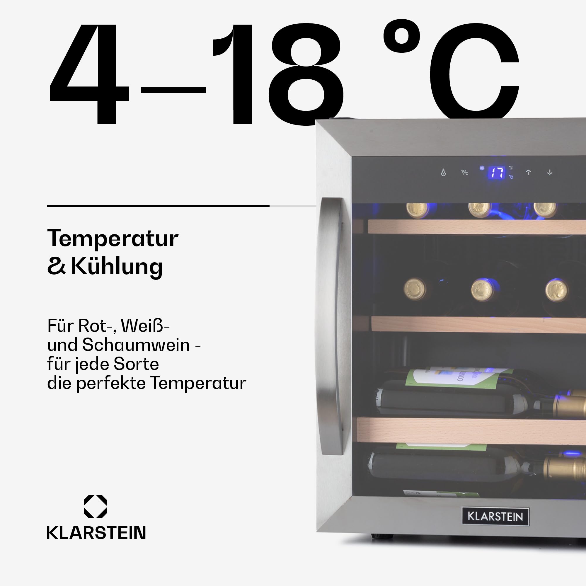 Klarstein Weinkühlschrank, Getränkekühlschrank Schmal, Kühlschrank mit Glastür, Getränkekühlschränke Freistehend, Weinkühlschrank Klein, Weinkühlschränke 1 Zone, UV-Schutz, 4-18 °C, 12 Flaschen