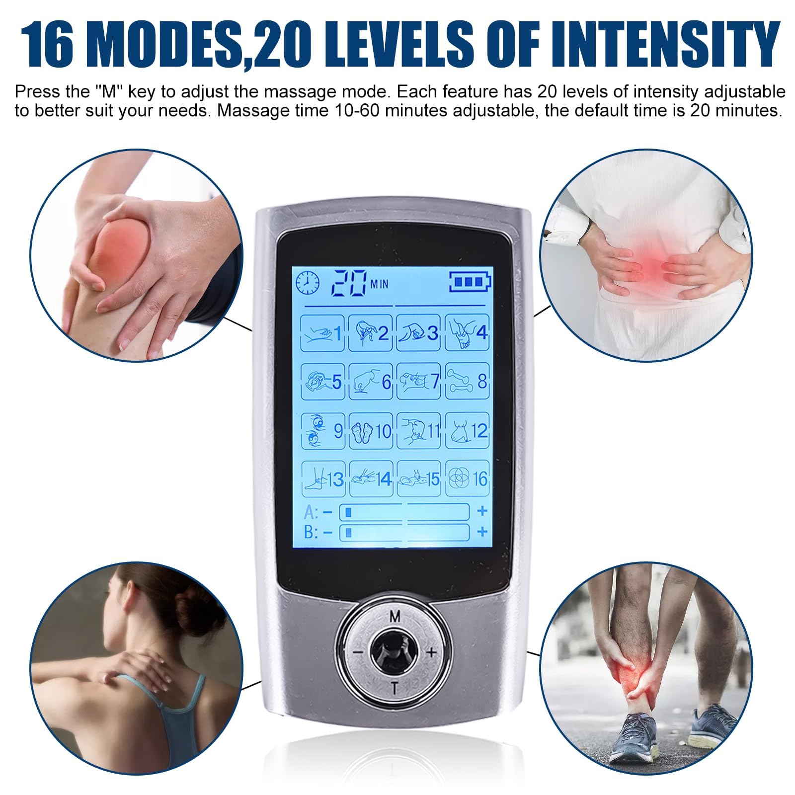 Appareil TENS - 16 modes - Électrodes de stimulation rechargeables contre la douleur - 16 programmes d'entraînement - 20 niveaux d'intensité - 2 canaux - Électrodes de qualité supérieure - Appareil
