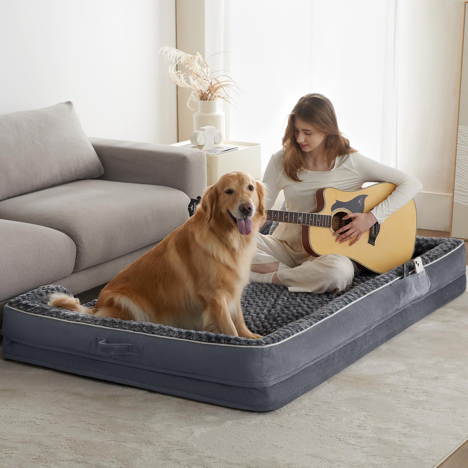 WNPETHOME Human Dog Bed for People Adults, Washable Faux Fur Nap Bed Adult Oval for People, Calming Human Size Giant Dog Bed Fits Pet Families with Storage Pocket Grey