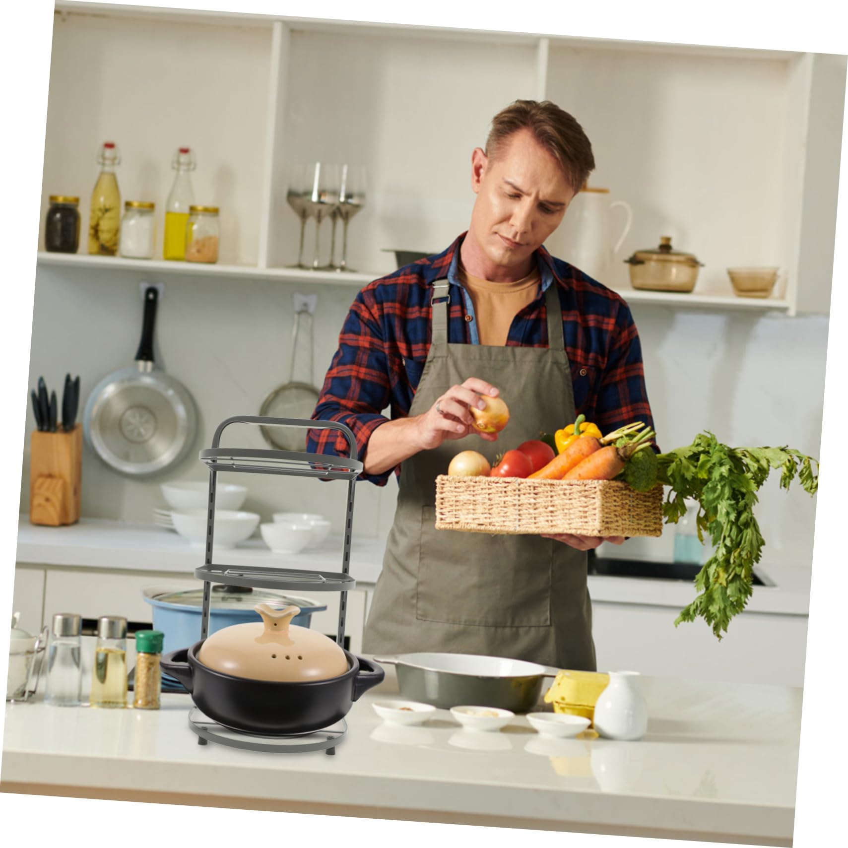 PRETYZOOM Organizador de Ollas y Sartenes Plegable de Acero al Carbono, Diseño Multicapa, Gran Capacidad para Armarios y Almacenamiento de Cocina