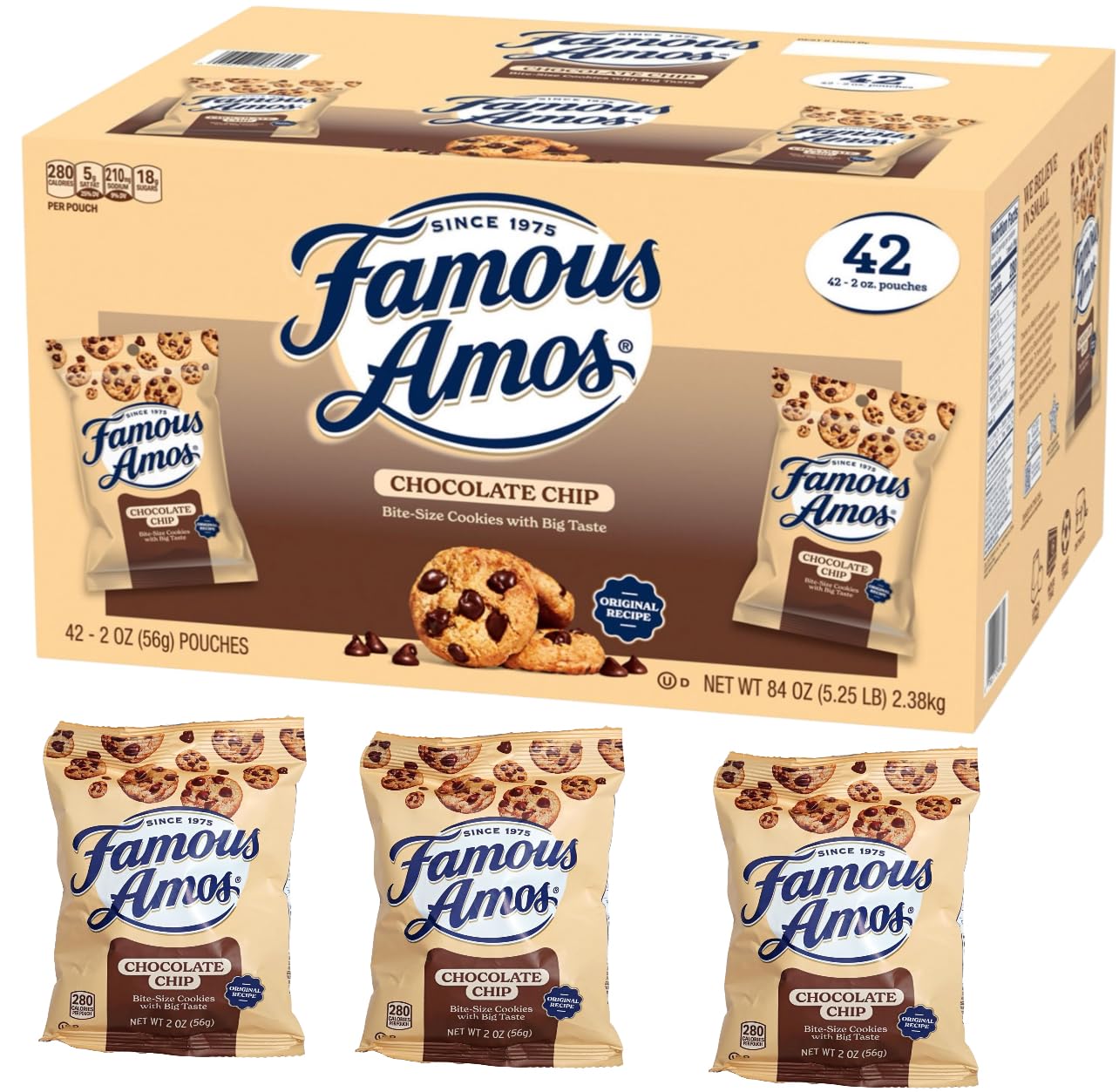 FamousAmos Chocolate Chip Cookies, Bite-Size, 2 oz Bags, 42 Count