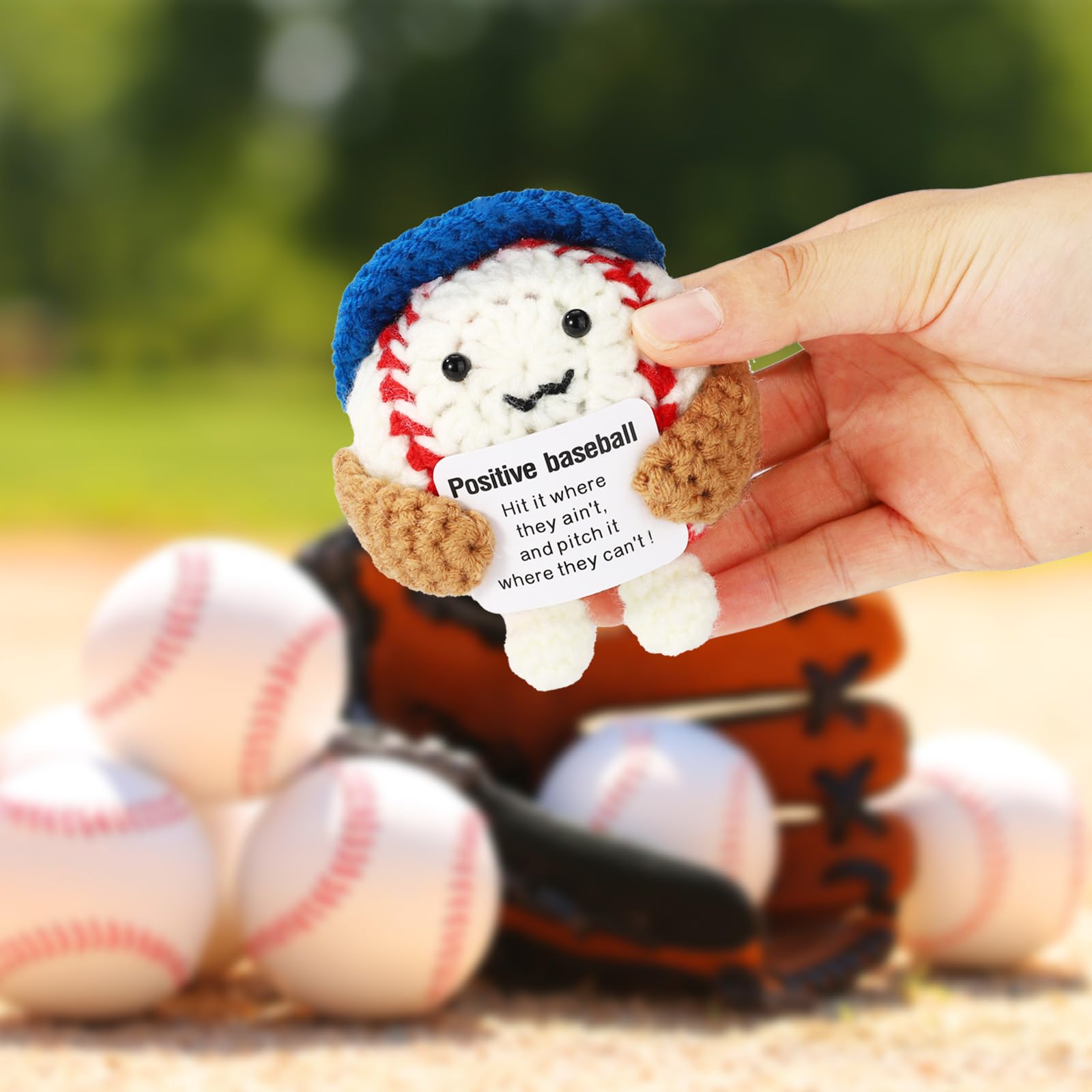 TOYMIS Emotional Crochet Baseball, 3.54in Handmade Positive Baseball Crochet Doll Wearing Blue Hat with Inspirational Support Card Cute Encouragement Knitted Doll Motivational Gift - Image 3