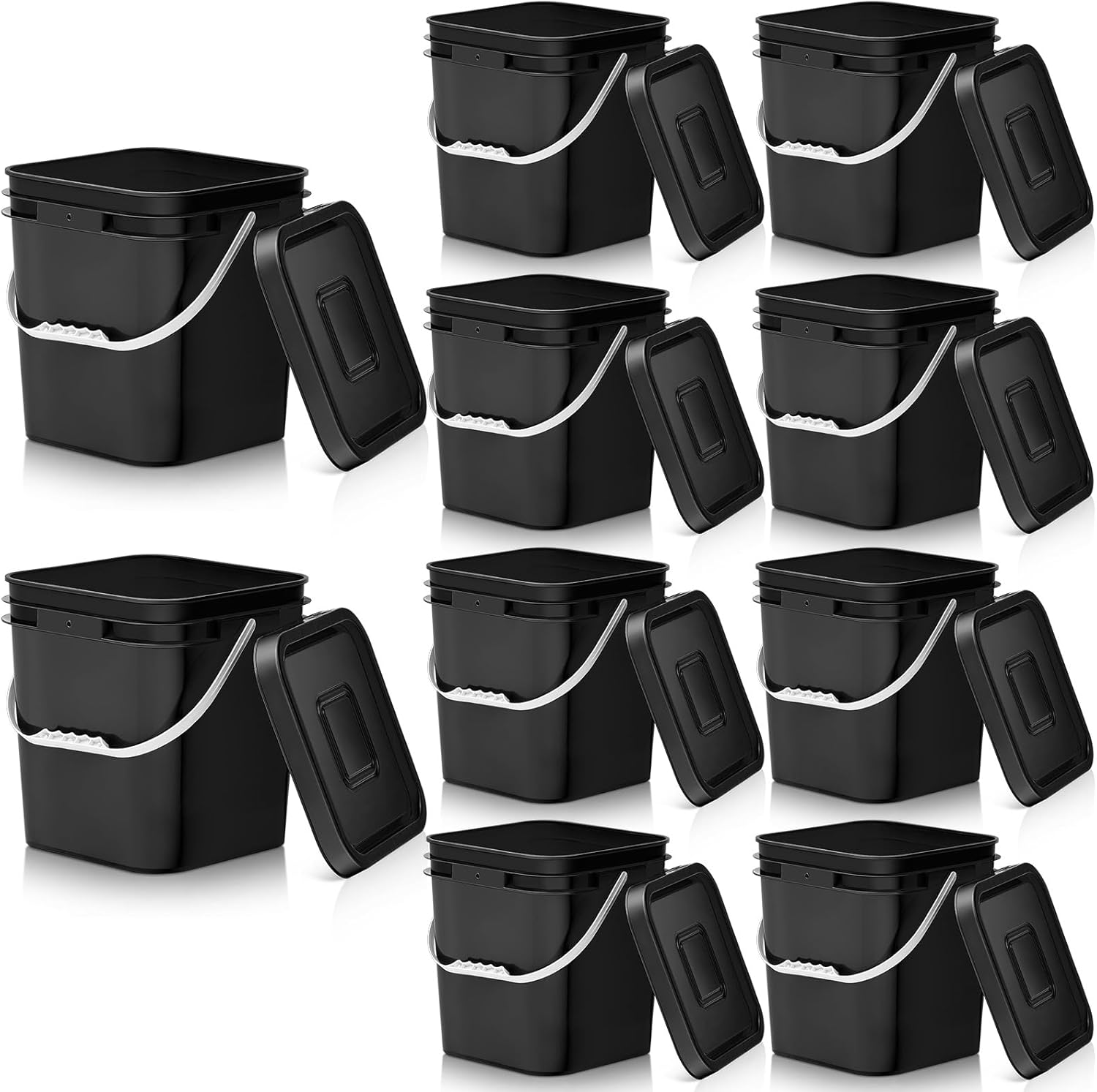 Mumufy 10 Pcs 3.5 Gallon Food Grade Bucket with Lid Plastic Pail with Handle and Lid Buckets for Storing Dry Food Charcoal Camping Fishing(Black,11.22 x 9.76 x 8.27 Inches,Square)