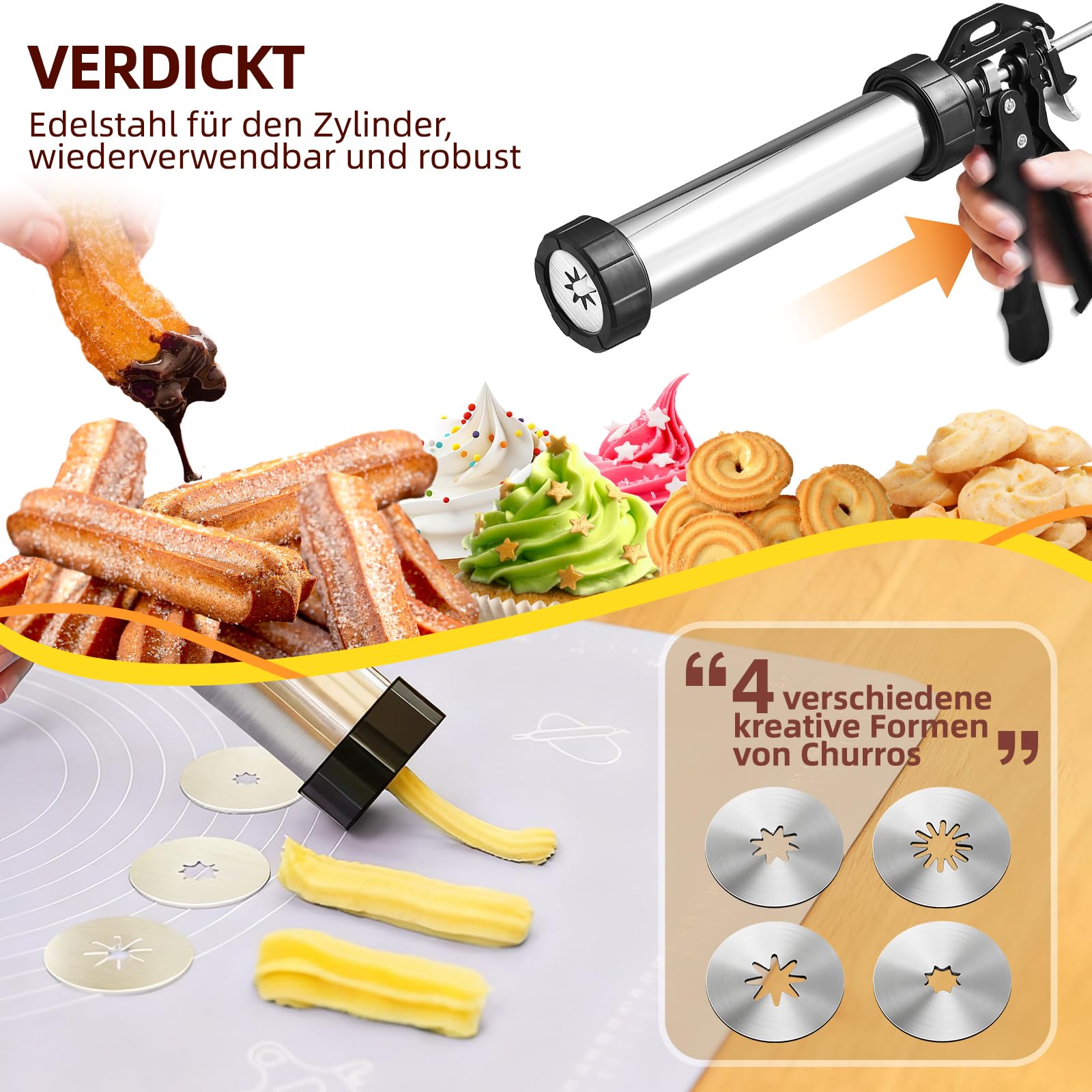 Hochwertig Gebäckpresse für Spritzgebäck 1.2KG Edelstahl Spritzgebäck Presse mit 10 Schablonen, 7 Edelstahl Tüllen, Plätzchenpresse, Backzubehör für Kuchen Dessert DIY Maker Cookie Presse