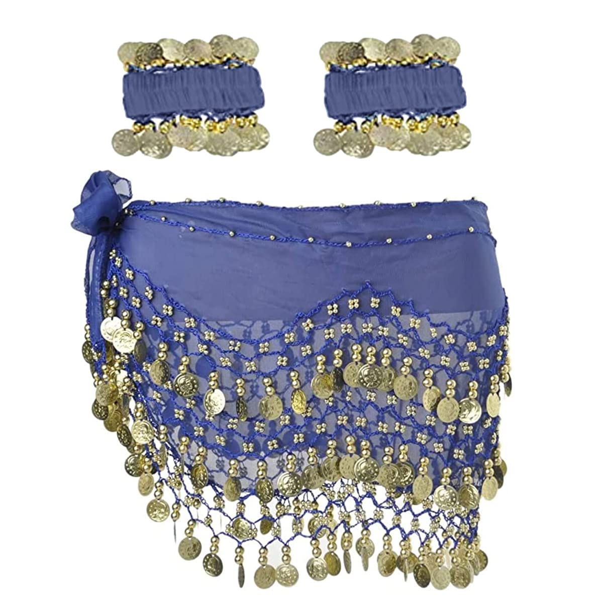 SamHeng Belly Dance Hip Scarf with Bracelet, 128 Coins Belly Dance Skirt Wrap Belt with Wrist Ankle Bracelets, Dance Skirt Belt Waist Chain for Belly Dance, Zumba or Yoga Class, Performance Costume