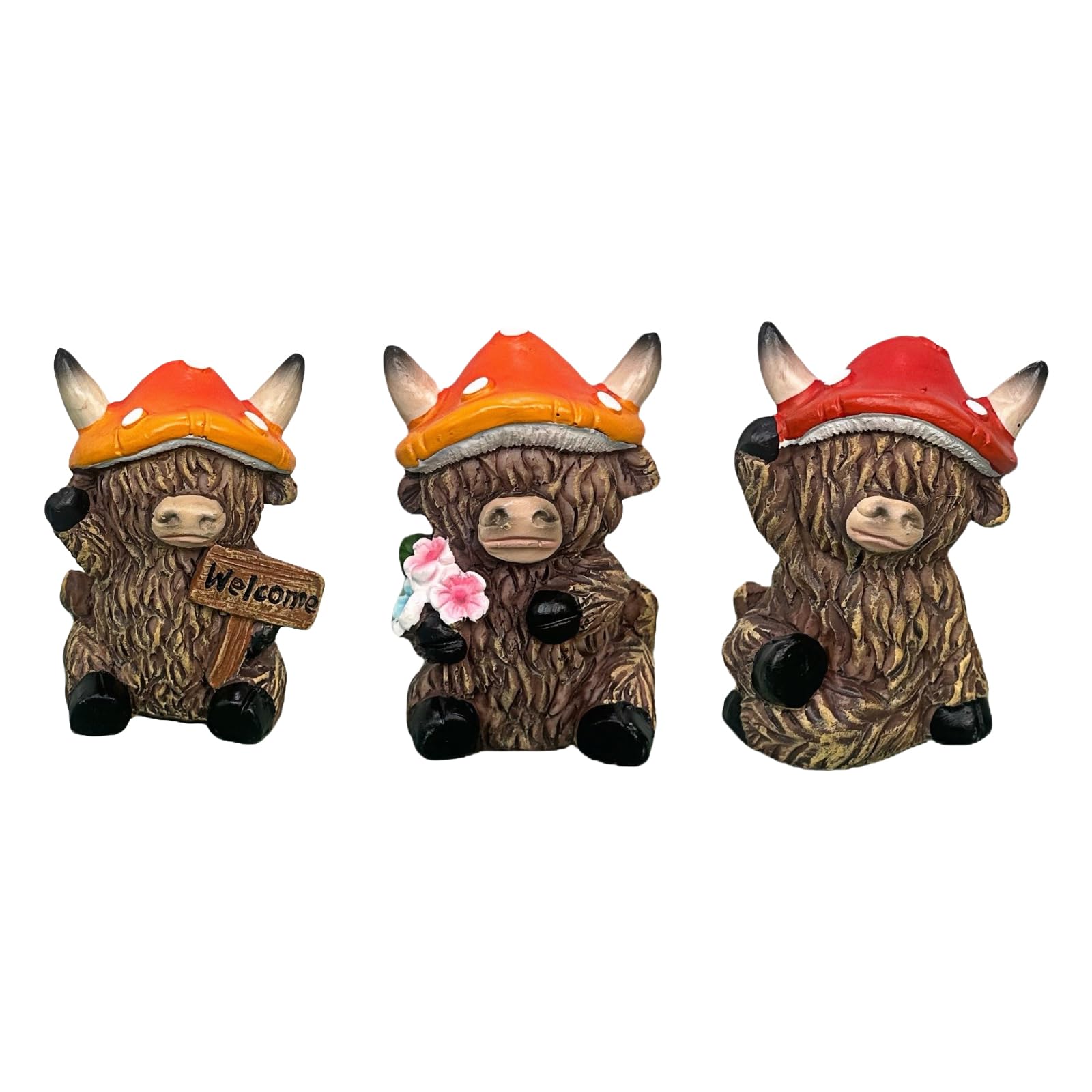 Szzhantuo Women's Brown 3Pcs Highland Cow Ornaments, Resin Cow Figurine