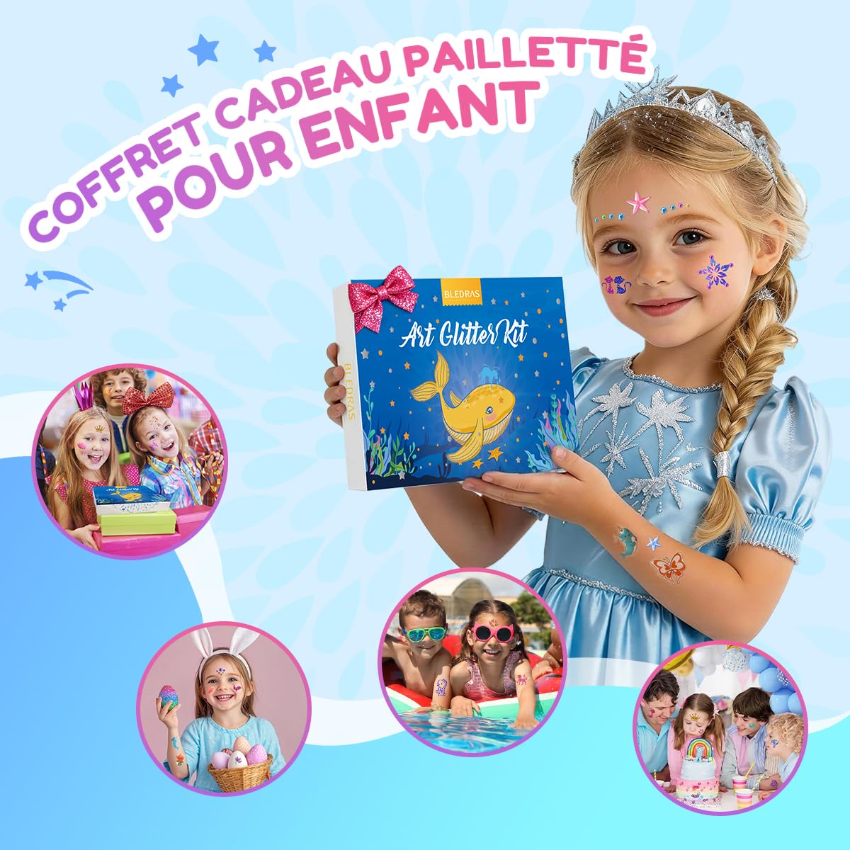 Bledras Kit Tatouage Paillettes Enfant, 36 Couleurs Comprend 6 Couleurs Lumineuse Paillettes Gel, Tatouage Temporaire pour Fête, Halloween, Carnaval, Maquillage Cheveux, Ongles