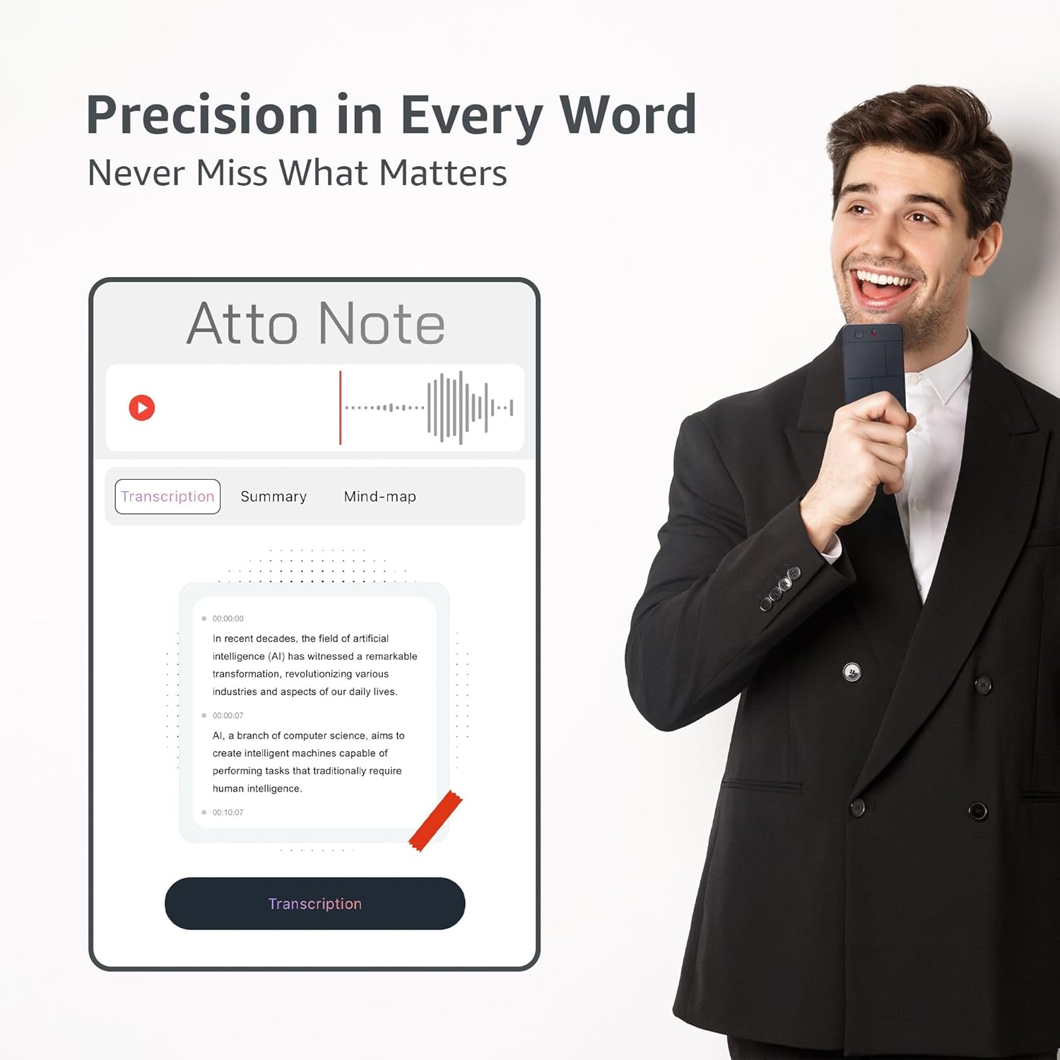 Screenshot of the Atto Note app interface showing transcription, summary, and mind-map options.