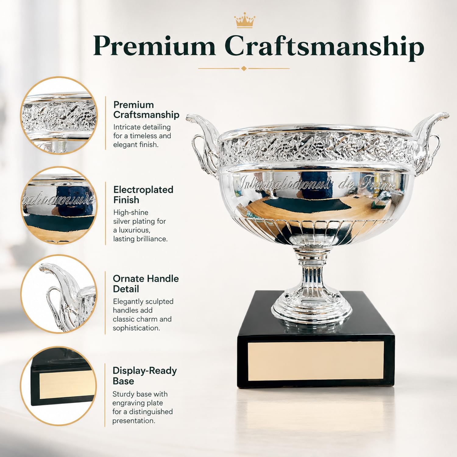 French Open Herren Trophäe Replik, Tennis Champion Pokal 6,3 in / 14,2 in aus Silbernem Harz, Sport Memorabilia Sammlerstück für Schreibtisch Regal Display, Geschenk für Fans,16cm