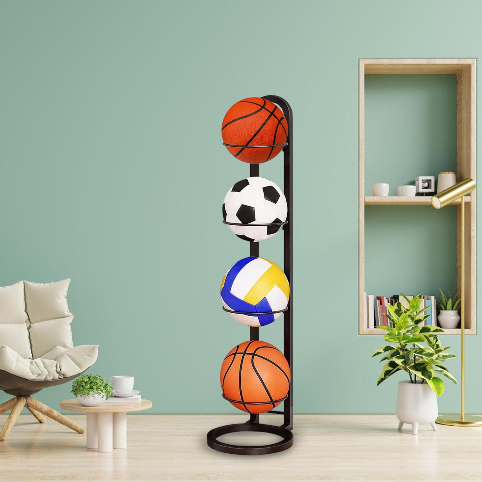 4-poziomowy metalowy nizer sportowy do koszykówki i siatkówki, rozwiązanie do przechowywania wewnątrz i na zewnątrz, oszczędność miejsca dla sportowców i trenerów