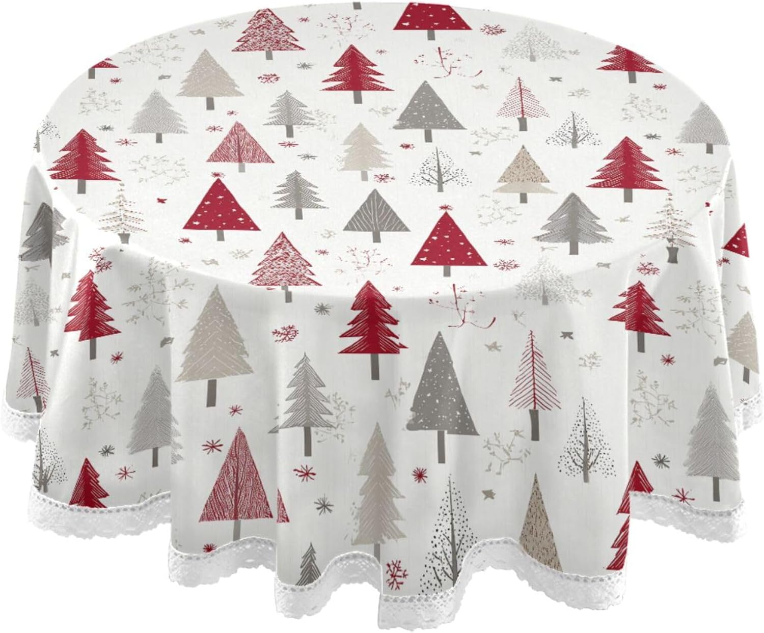 Pfrewn Cute Christmas Tree Round Tablecloth 60" Winter Xmas Tree Rustic Farmhouse Winter Tablecloths with Lace Washable Stain Resistant Tablecover for Kitchen Dining Xmas Holiday Home Party Decor