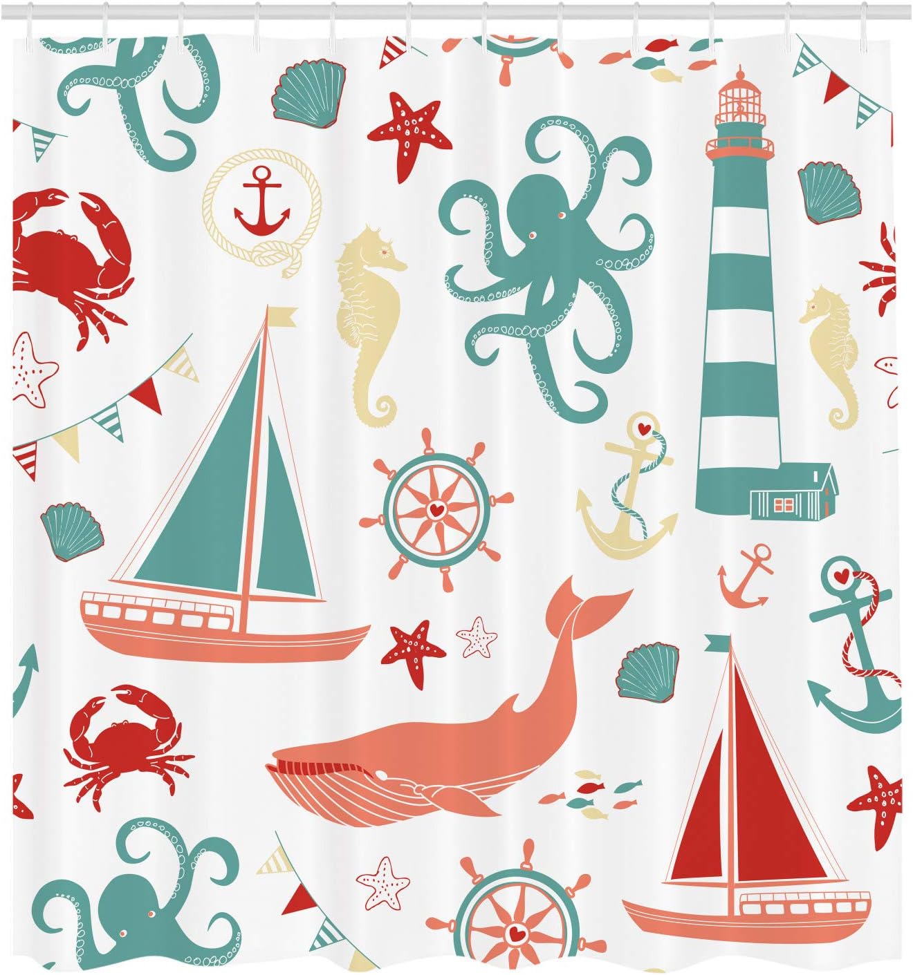 Ambesonne Nautical Shower Curtain, Pastel Colored Composition of Lighthouse Sailboat Fish Shells Octopus, Cloth Fabric Bathroom Decor Set with Hooks, 69" W x 70" L, Teal Red