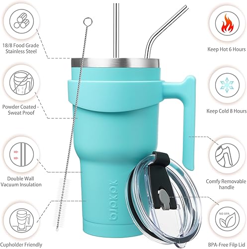 Miniatura 2 de BJPKPK Vaso con asa de 30 fl oz, con aislamiento térmico, con tapa y popote, de acero inoxidable, taza para café, color turquesa