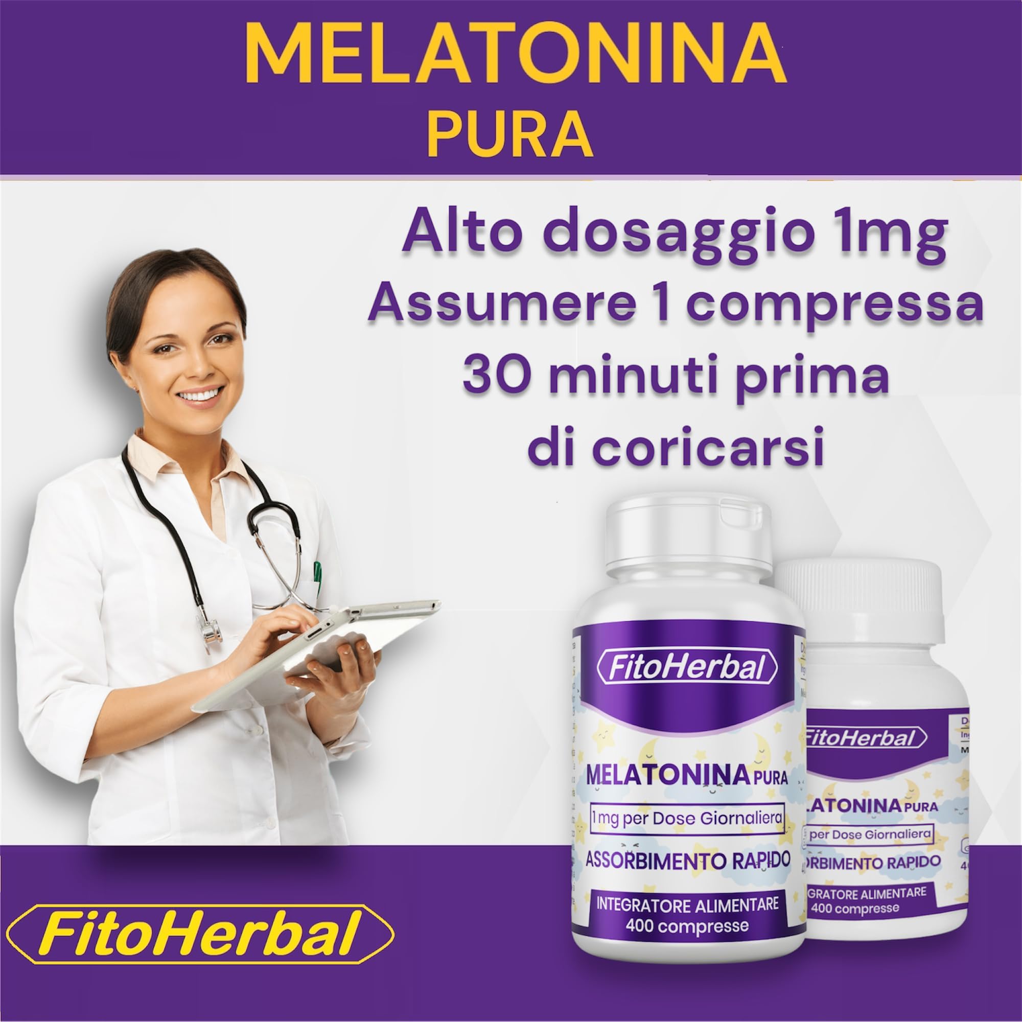 FitoHerbal Melatonina Pura Forte 1 mg 400 Mini Compresse Integratore per Dormire Sonno Naturale