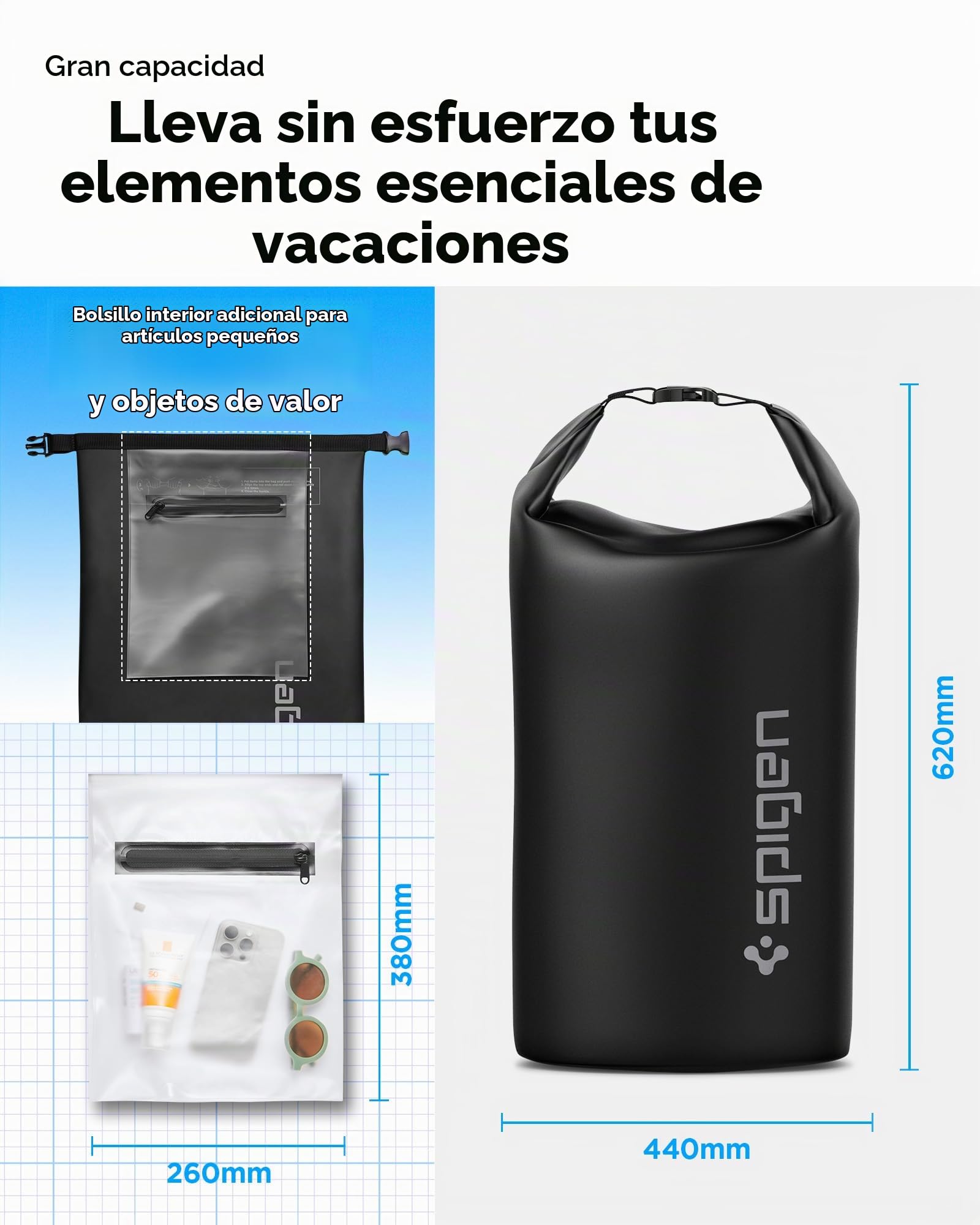 Spigen Aqua Shield Bolsa Impermeable, 30L Dry Bag, Bolsa Seca, Mochila con Correas Acolchadas Ajustables para Playa, Piscina, Pesca, Natación, Camping, Canoa, Senderismo, Kayak