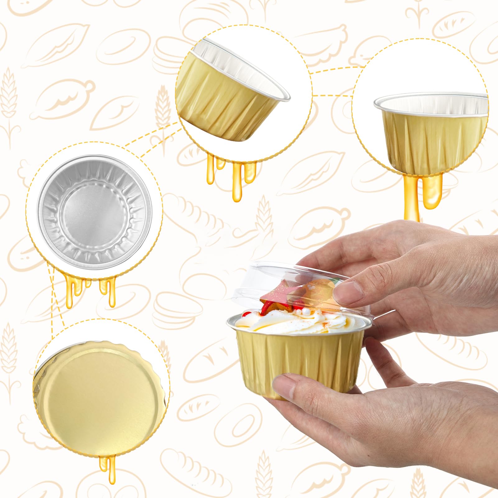 200 moldes redondos de aluminio para hornear pasteles con tapas de plástico transparente, moldes desechables para tartas, ramequines, browni, tazas de postre para bodas, fiestas de