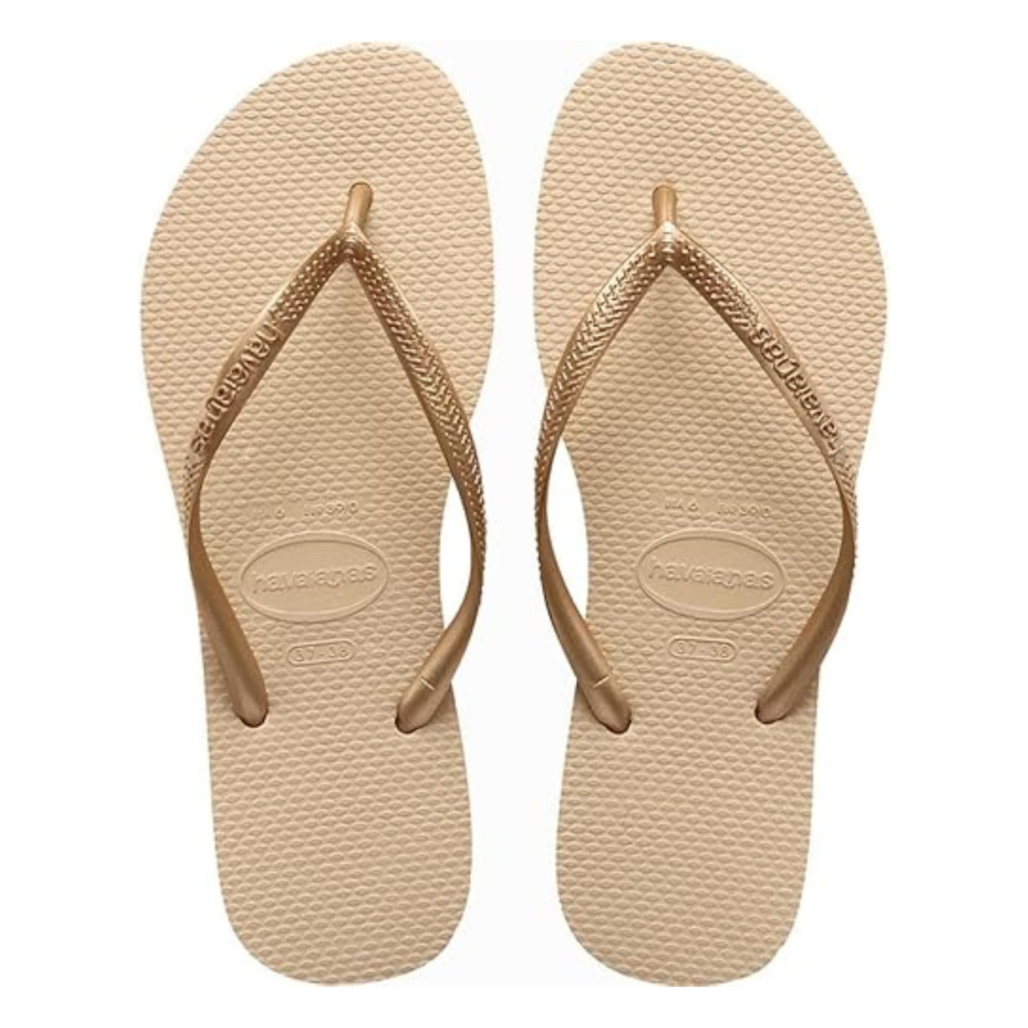 Primer plano de la suela texturizada de las chanclas Havaianas Slim, diseñada para mejorar el agarre.