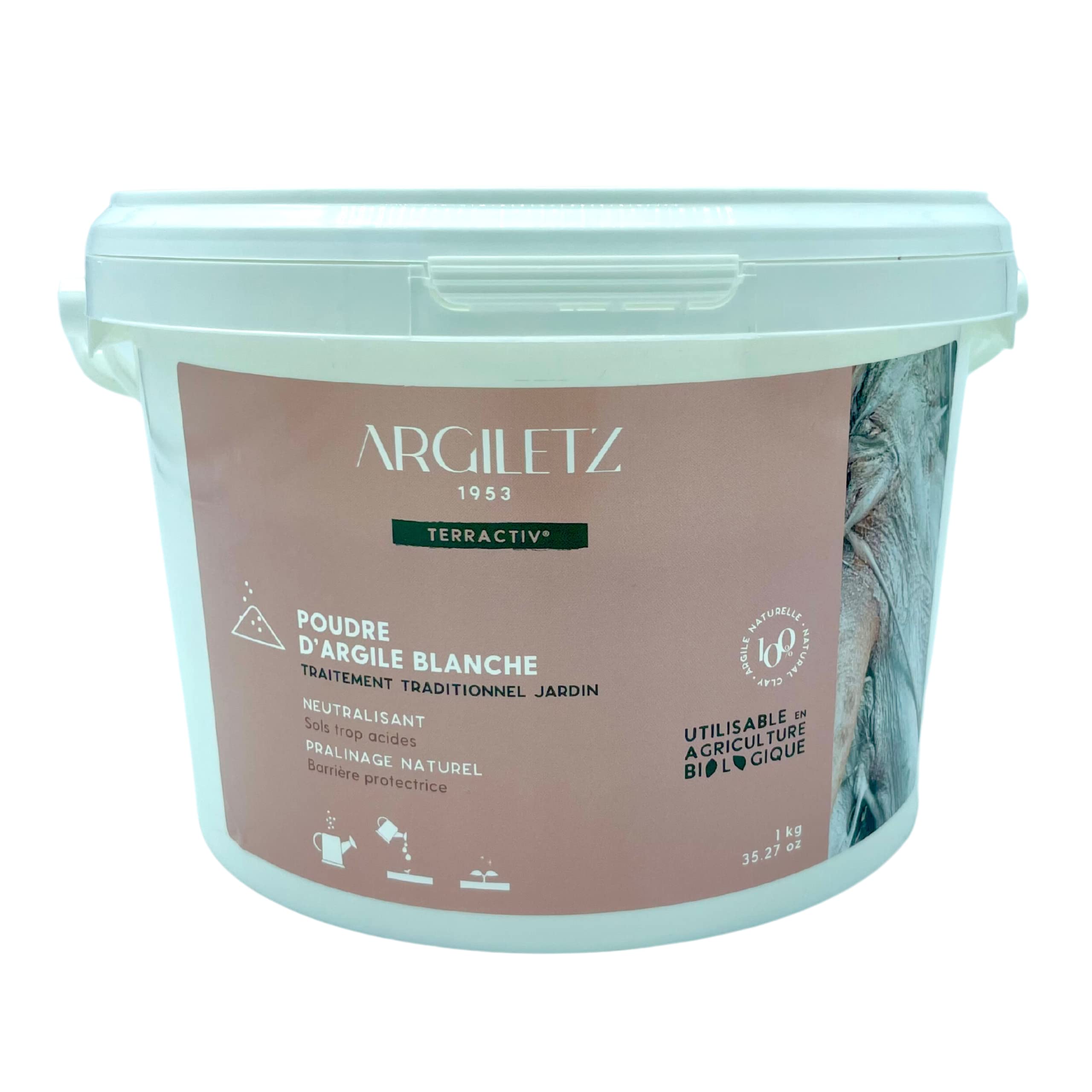 ARGILETZ - Poudre d'argile blanche 1kg - Traitement traiditionnel jardin, neutralisant pour sols trop acides - Pralinage naturel barrière protectrice