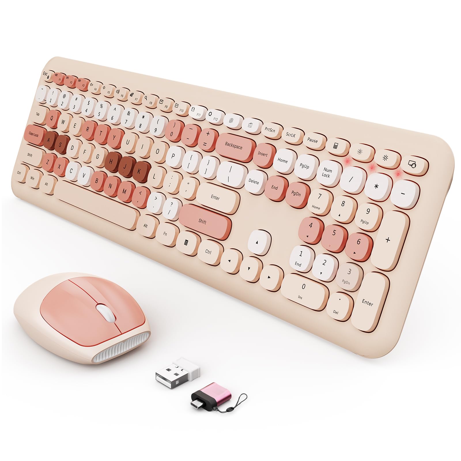 Wireless Keyboard and Mouse Combo, Colorful Ergonomic Full Size Retro Low-Noise Keyboard with Cute keycaps, Compatible with Windows, PC, Perfer for Home and Office Keyboards (Brown)